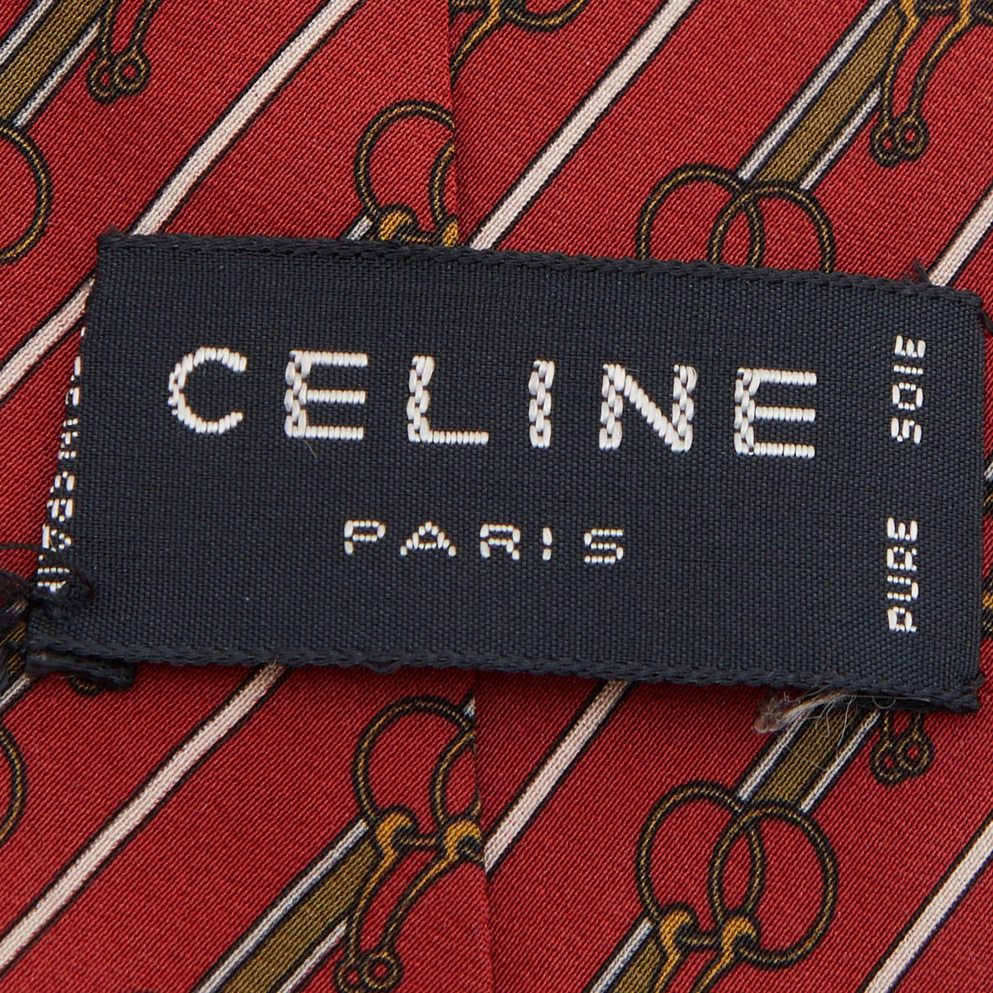 Marrone Cravatta in seta stampata a righe diagonali rosse di Celine Vintage in vendita