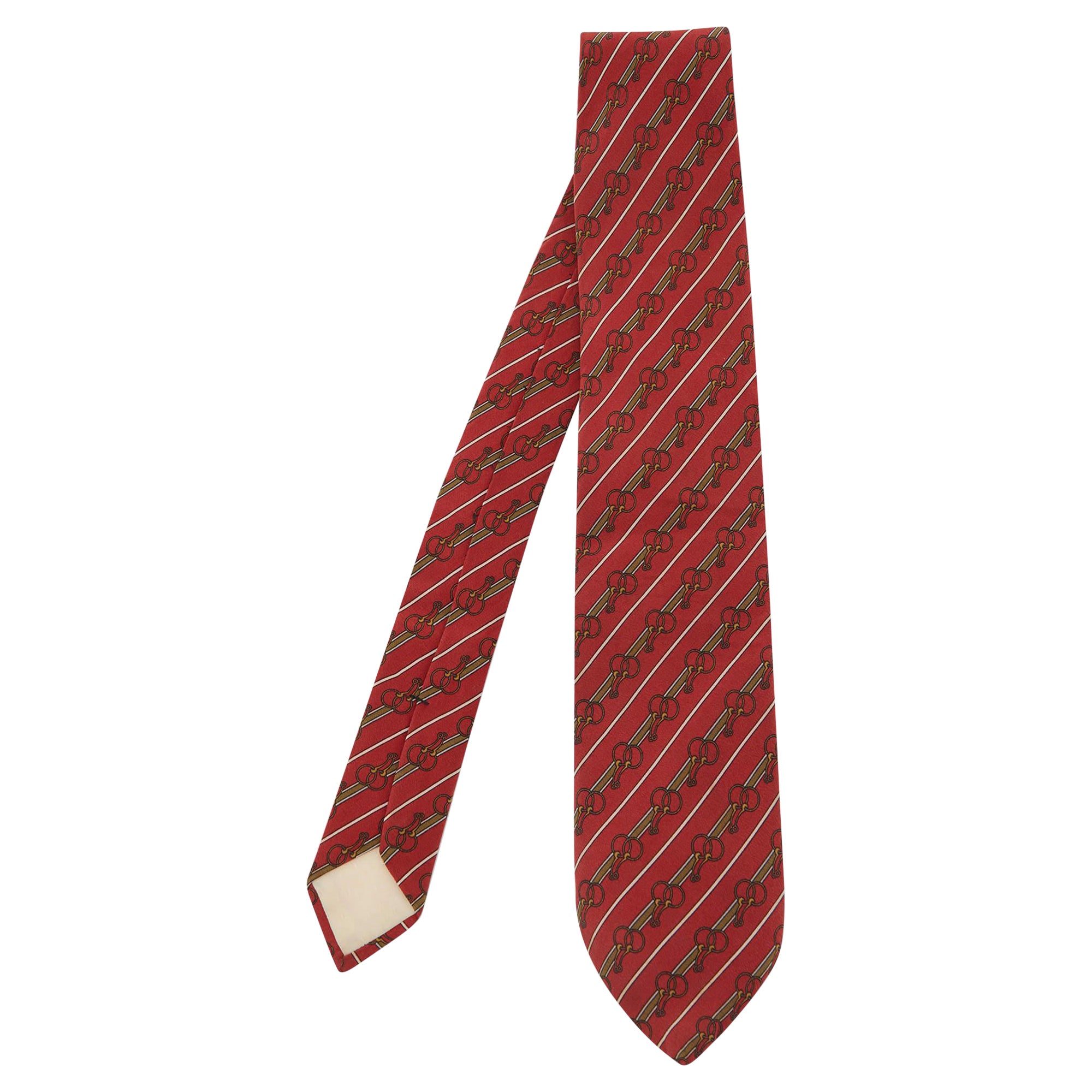 Celine Vintage Red Diagonal Striped Printed Silk Tie