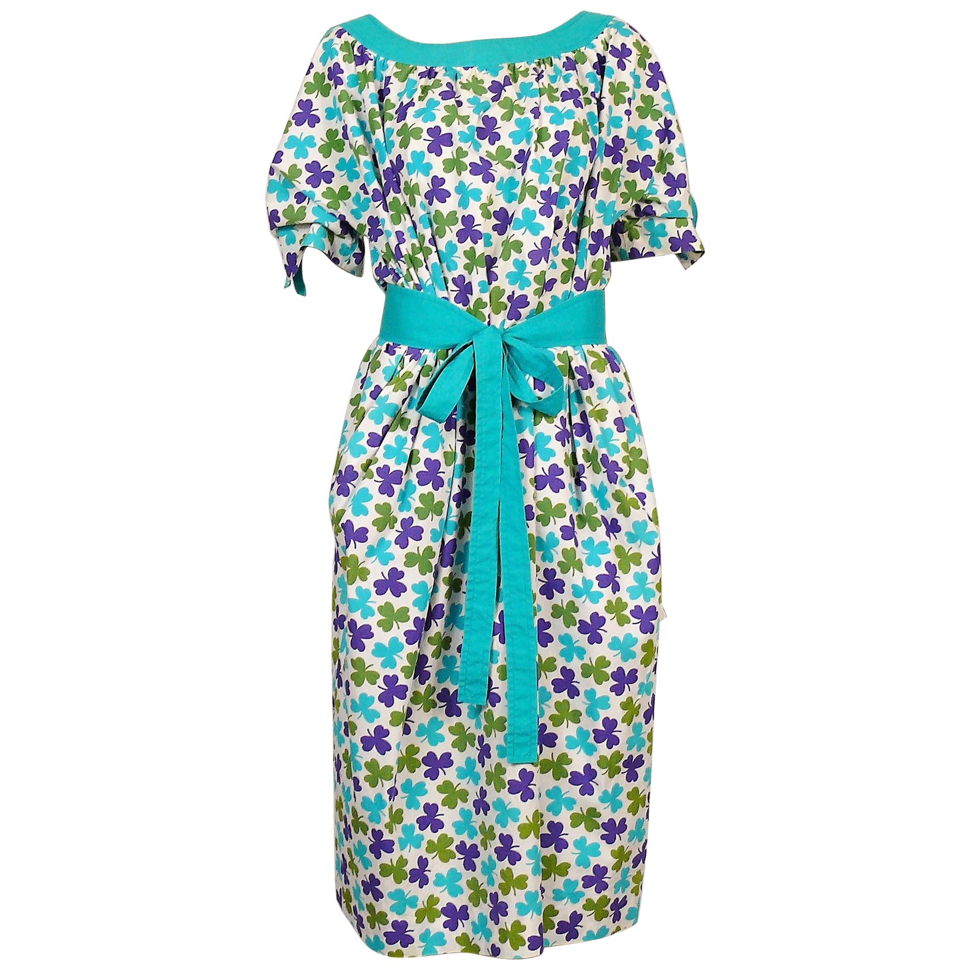 Céline Vintage Shamrock Print Cotton Tie-Belt Day Dress For Sale