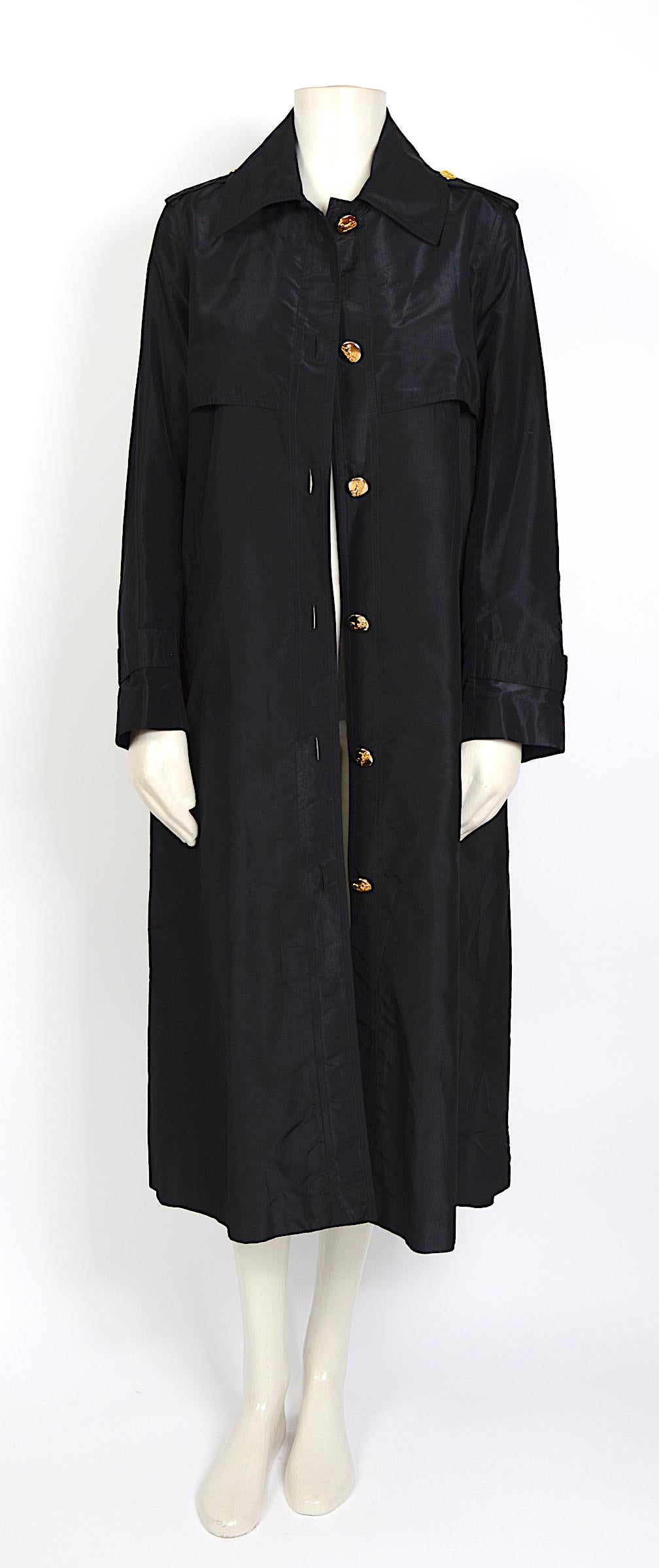 Black Celine vintage signature gold buttons and black silk crispy taffeta coat For Sale