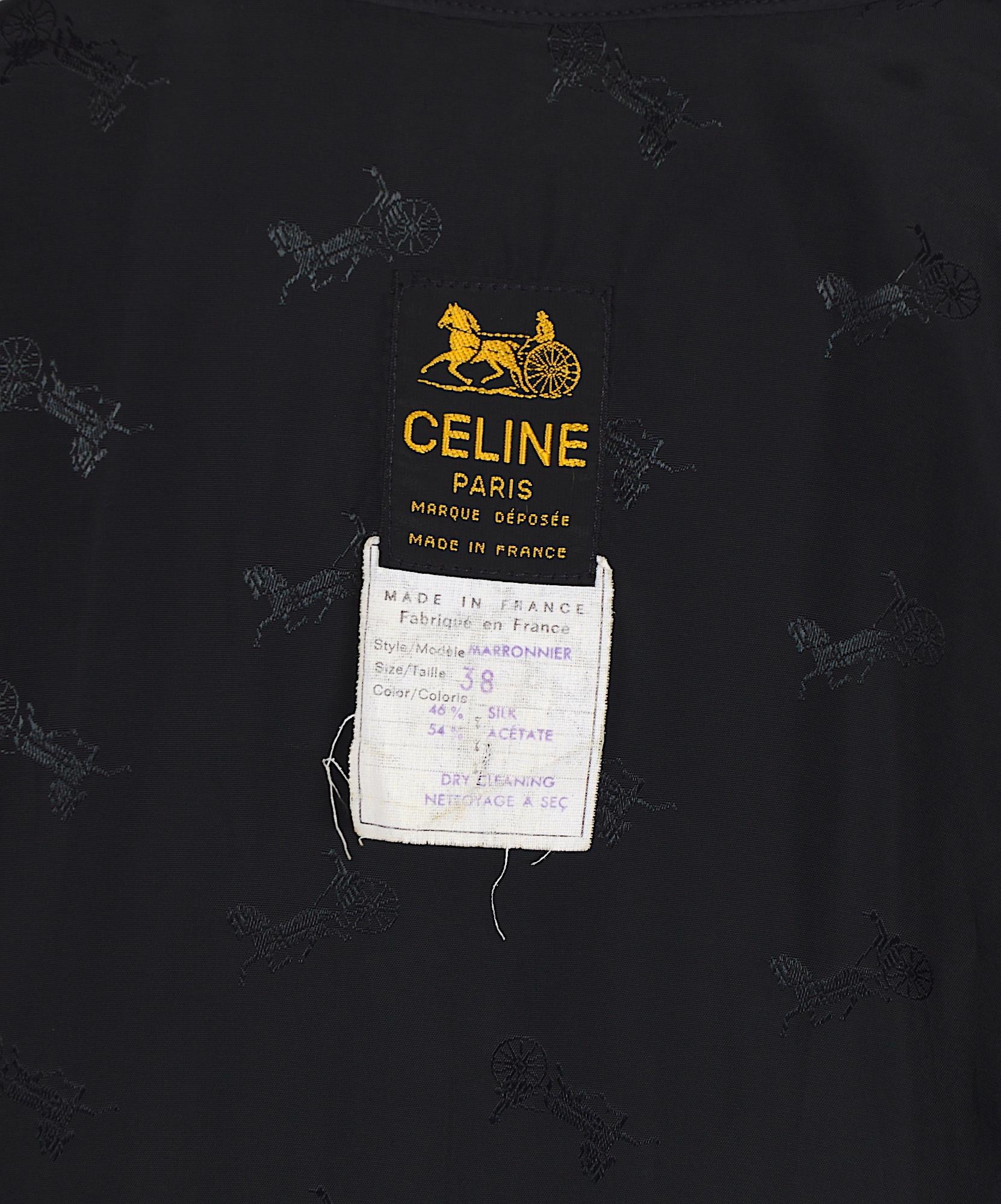 Women's Celine vintage signature gold buttons and black silk crispy taffeta coat For Sale