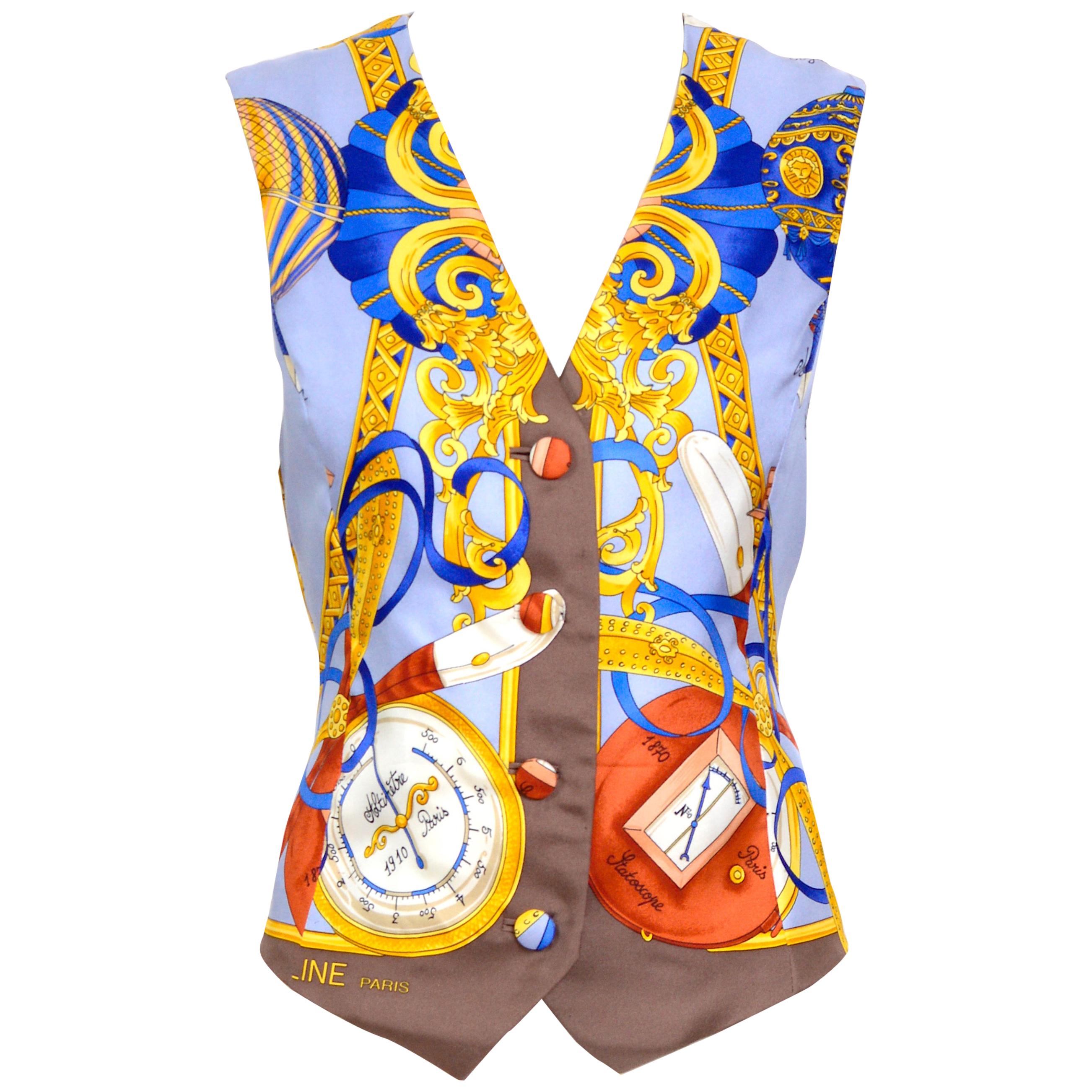 Celine Vintage Seide Gold blau und rot drucken kurze ärmellose Weste Top