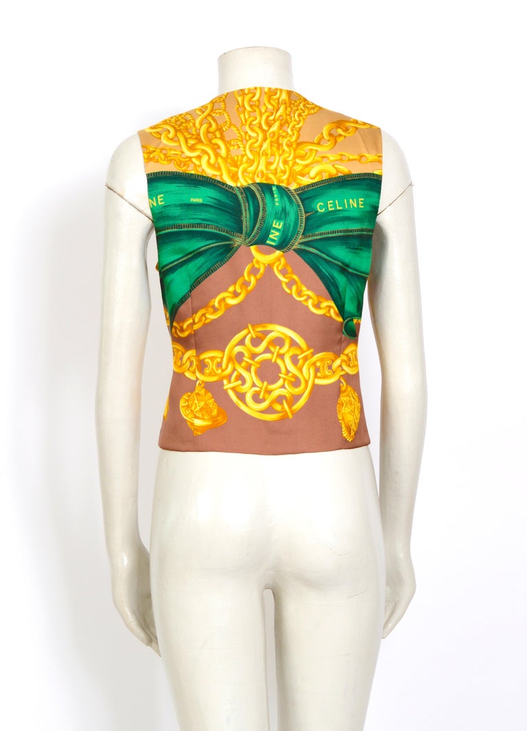 Gilet corto Celine vintage in seta firmata con stampa a catena