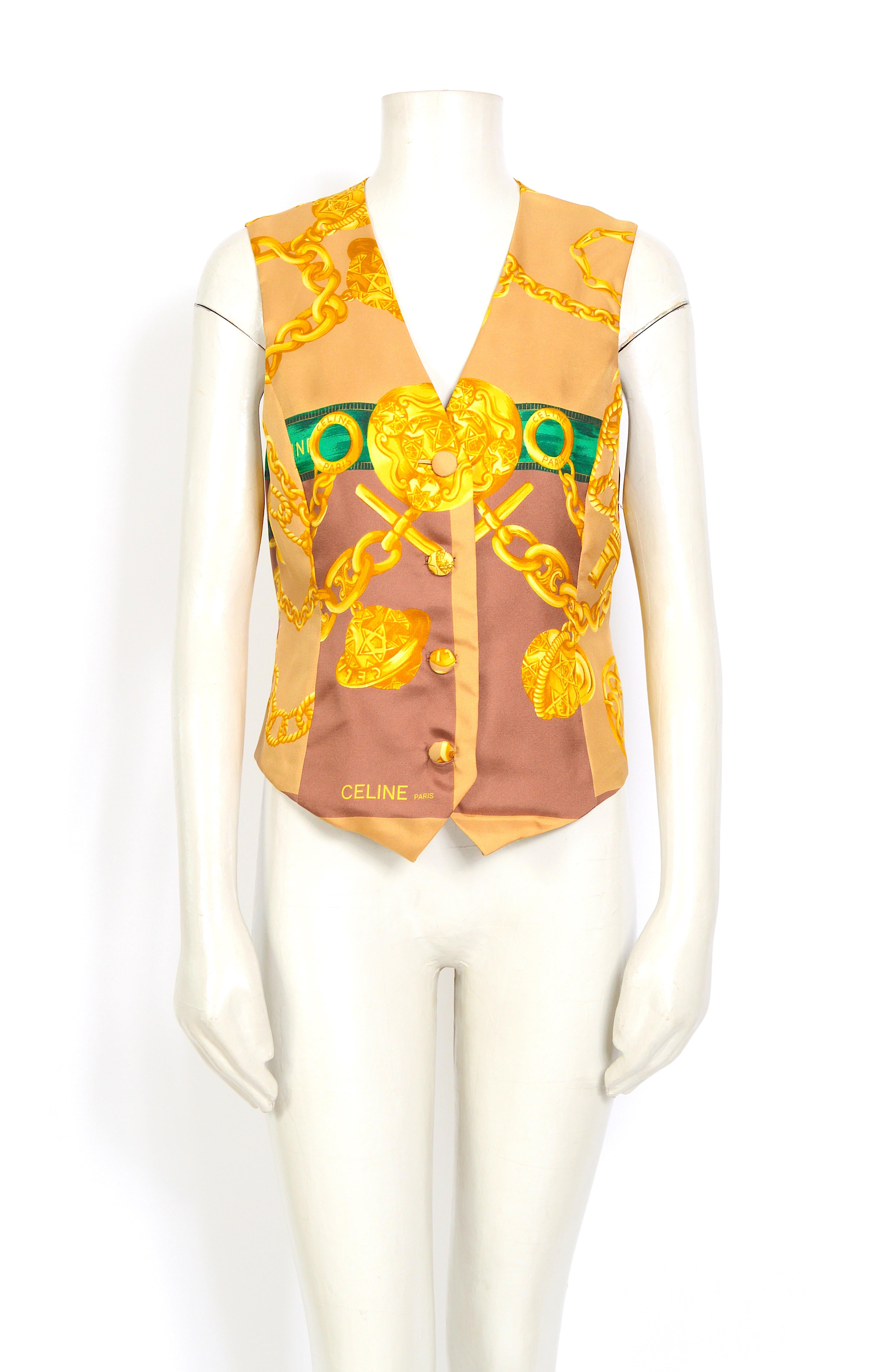 Gold Celine vintage silk signed gold chain print short vest waistcoat  For Sale