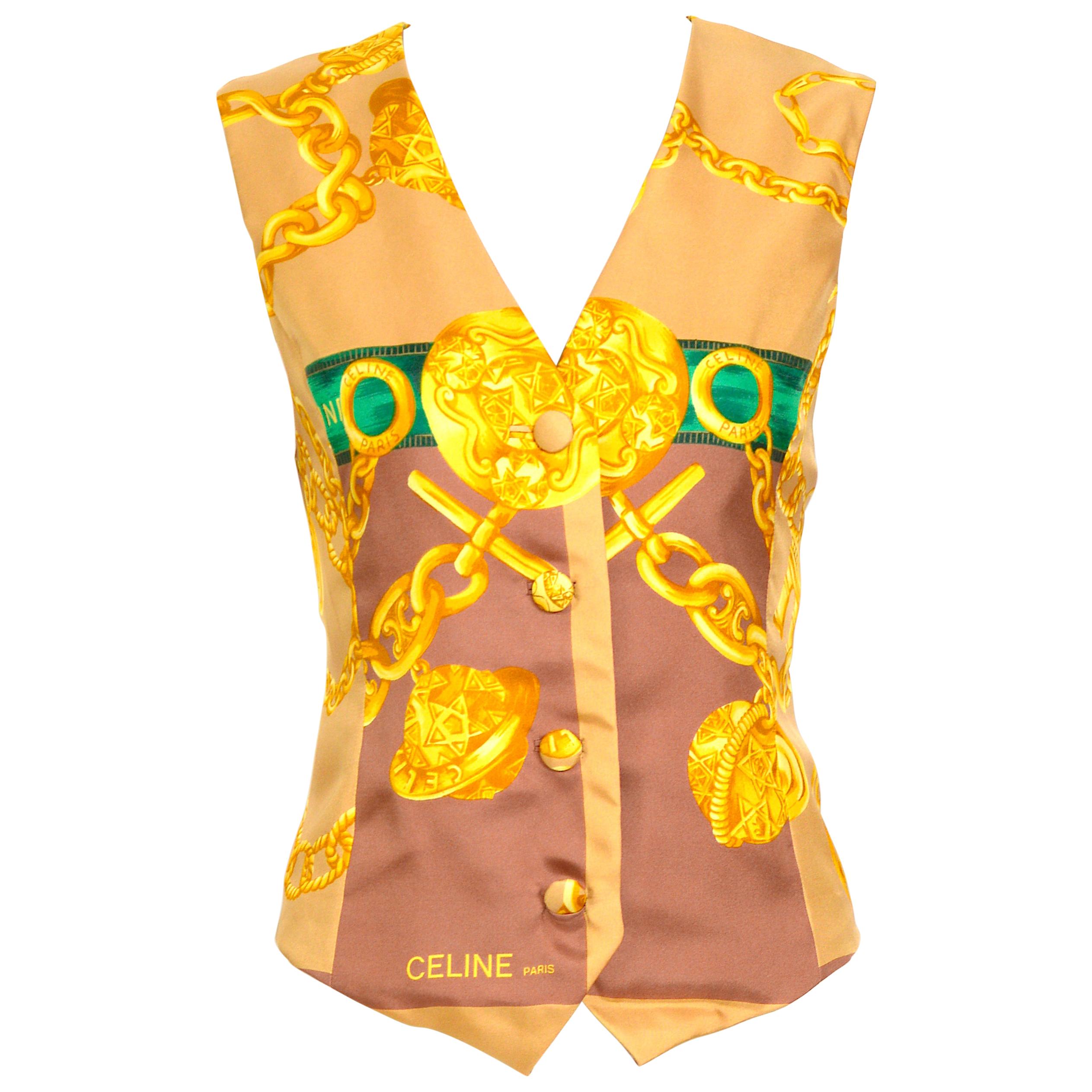 Celine vintage silk signed gold chain print short vest waistcoat  For Sale