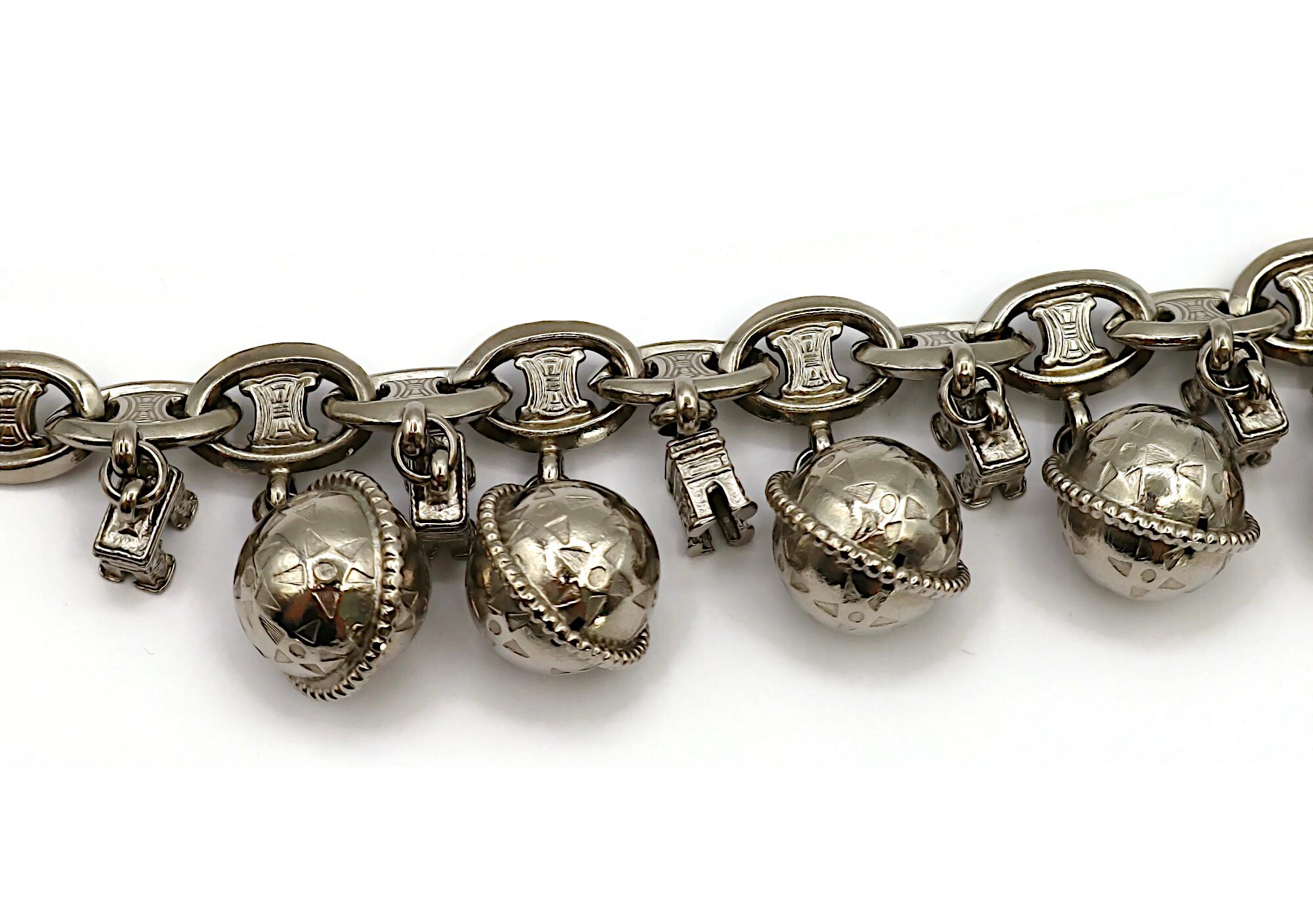 CELINE Vintage Silver Tone Arc De Triomphe & Globe Charm Bracelet For Sale 7