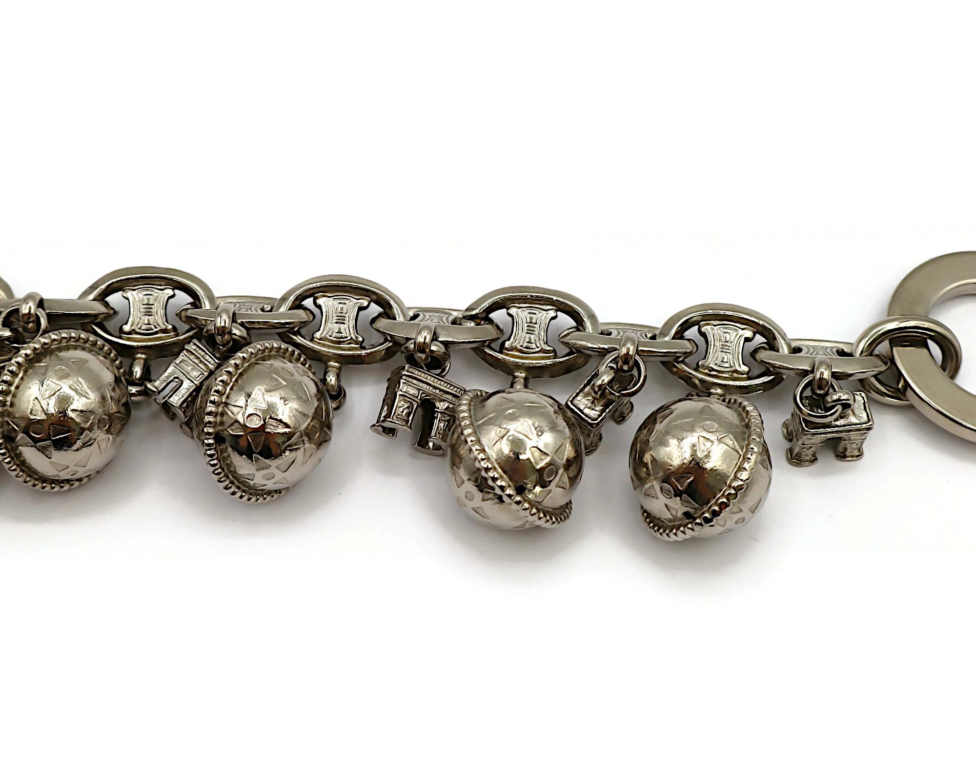 CELINE Vintage Silver Tone Arc De Triomphe & Globe Charm Bracelet For Sale 8