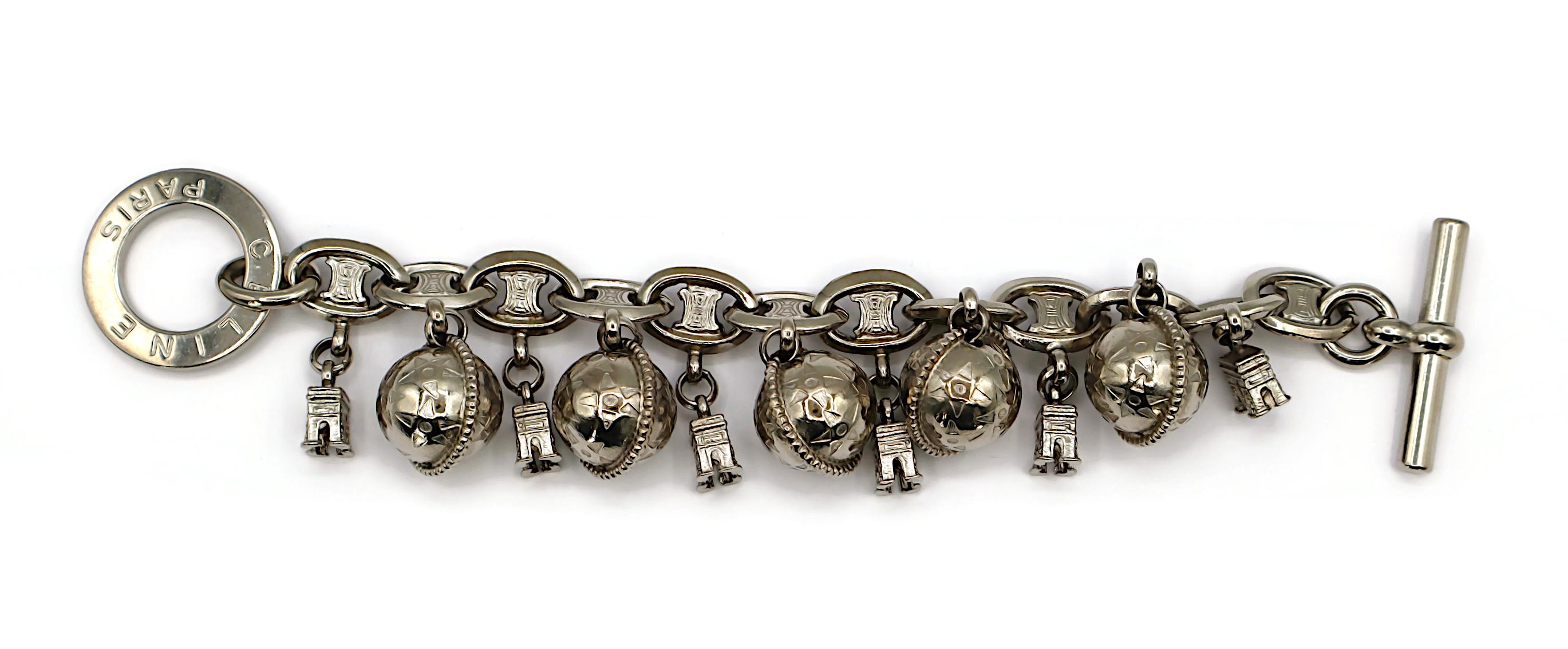 CELINE Vintage Silver Tone Arc De Triomphe & Globe Charm Bracelet In Good Condition For Sale In Nice, FR