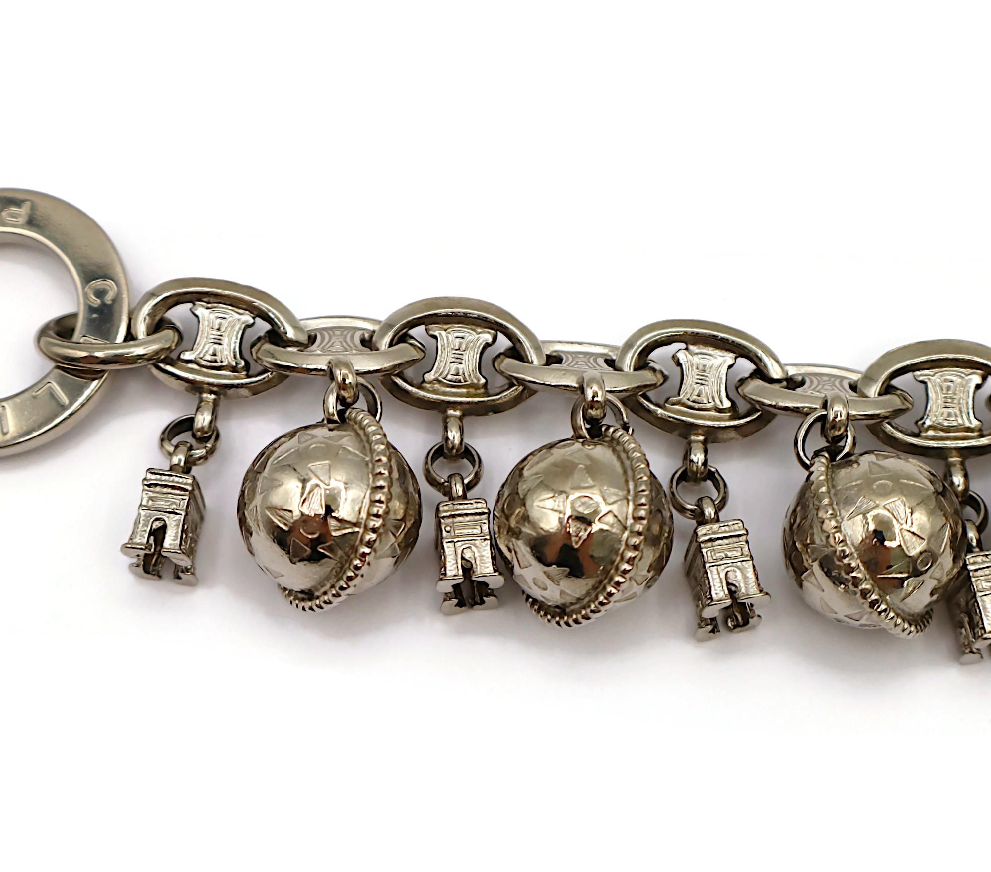CELINE Vintage Silver Tone Arc De Triomphe & Globe Charm Bracelet For Sale 1