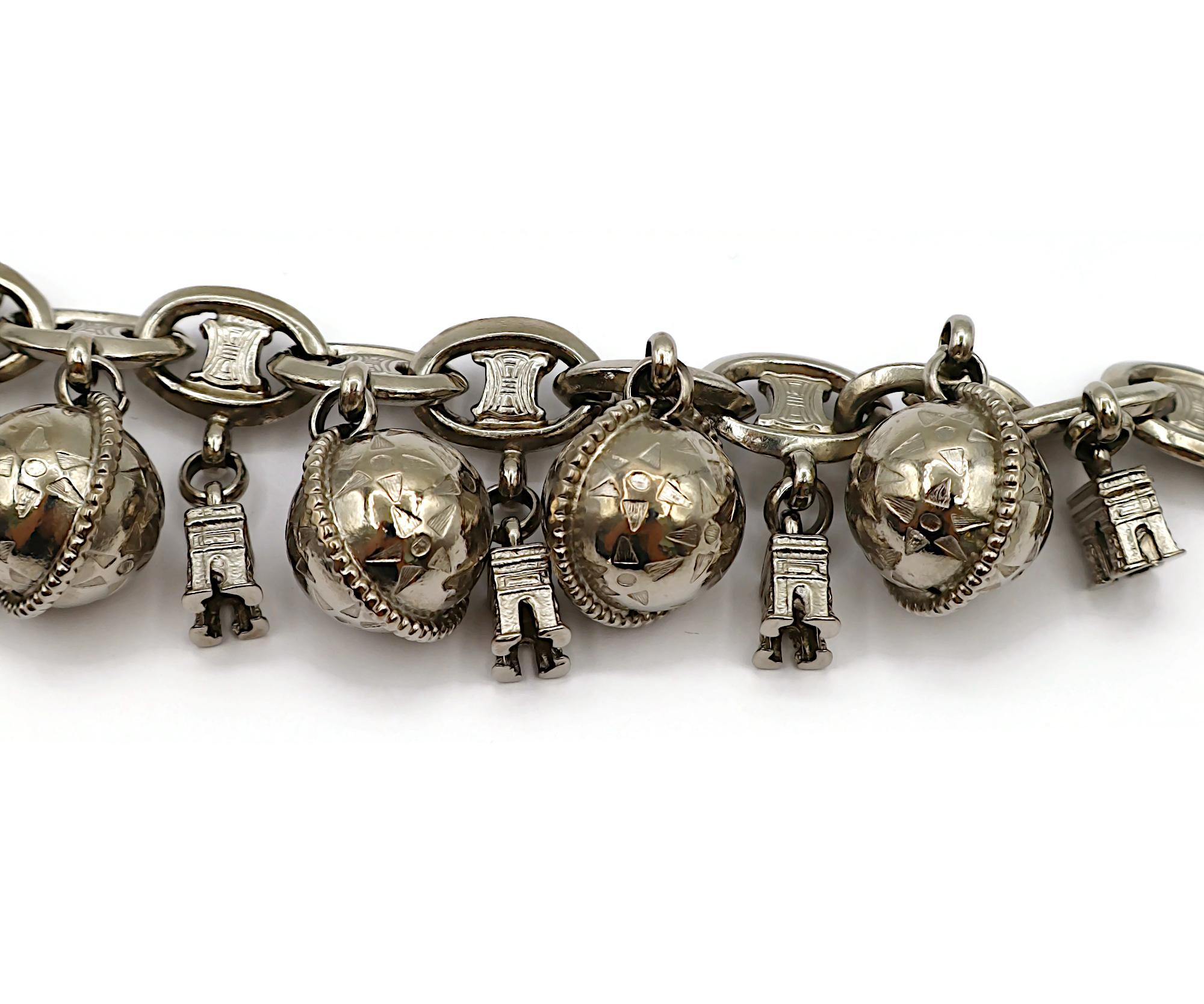 CELINE Vintage Silver Tone Arc De Triomphe & Globe Charm Bracelet For Sale 3