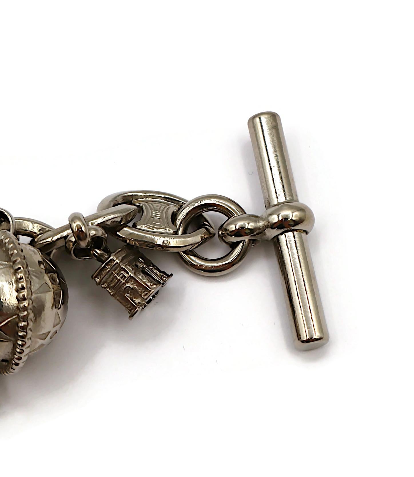 CELINE Vintage Silver Tone Arc De Triomphe & Globe Charm Bracelet For Sale 4