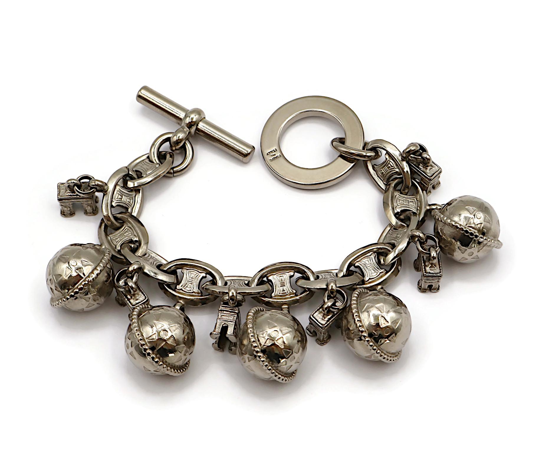 CELINE Vintage Silver Tone Arc De Triomphe & Globe Charm Bracelet For Sale 5