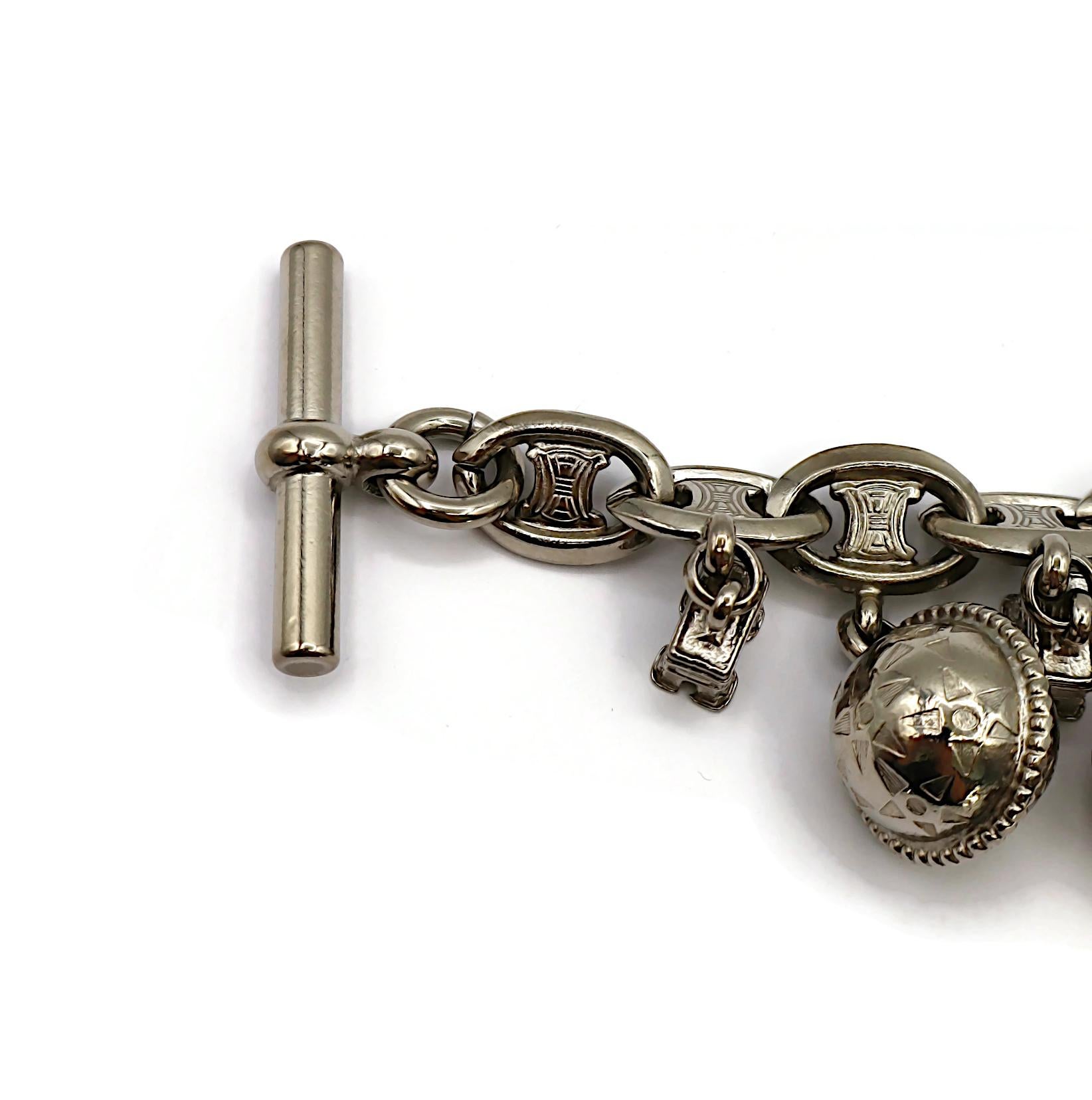 CELINE Vintage Silver Tone Arc De Triomphe & Globe Charm Bracelet For Sale 6