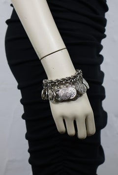 CELINE Vintage Silver Tone Coin Medallion Charm Chain Link Bracelet