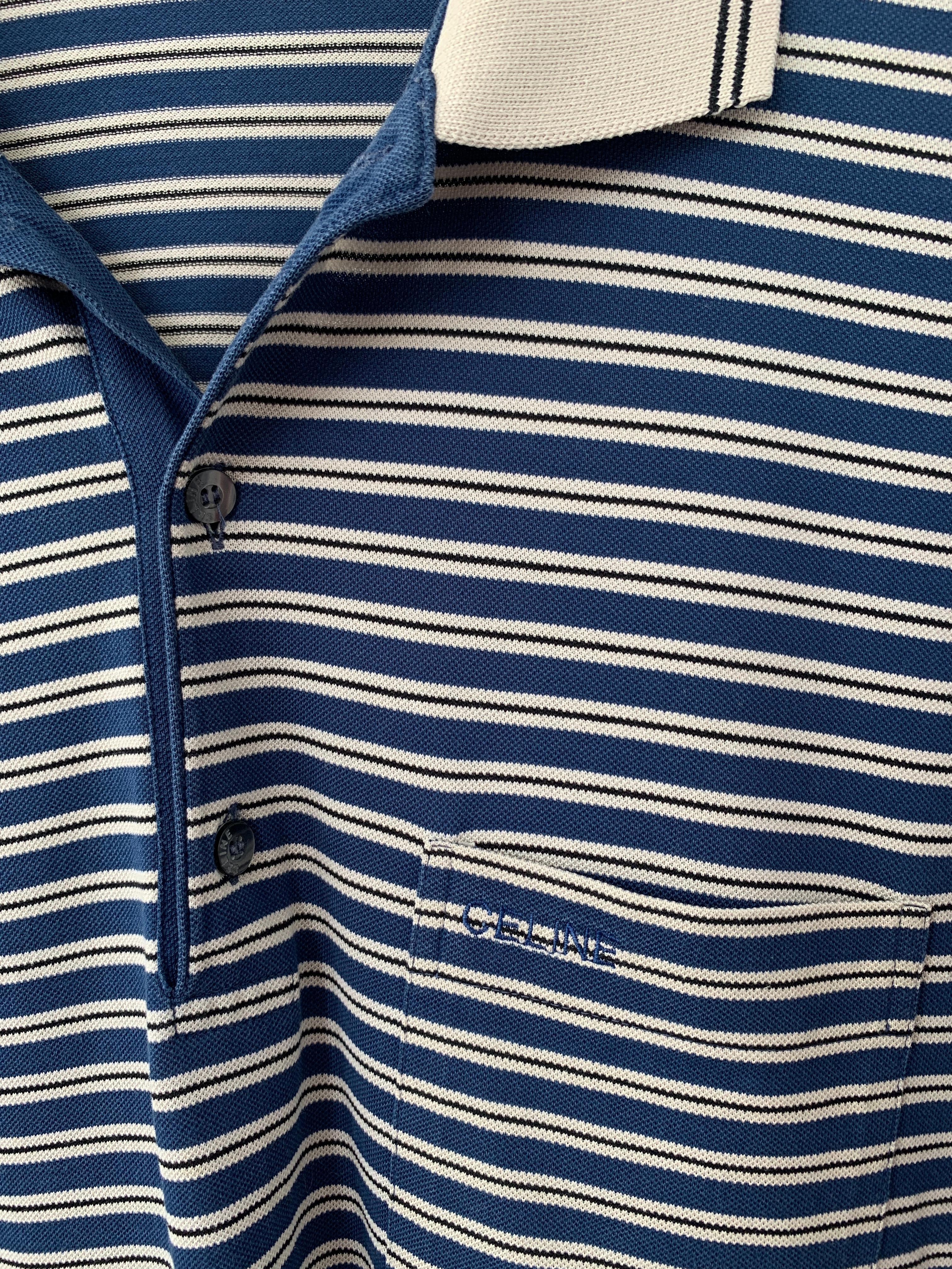 Black Celine vintage striped polo / old money style T-shirt 1990s For Sale