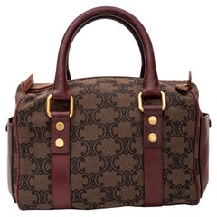 Celine Vintage Taupe Fabric Burgundy Leather Boston Bag 2009