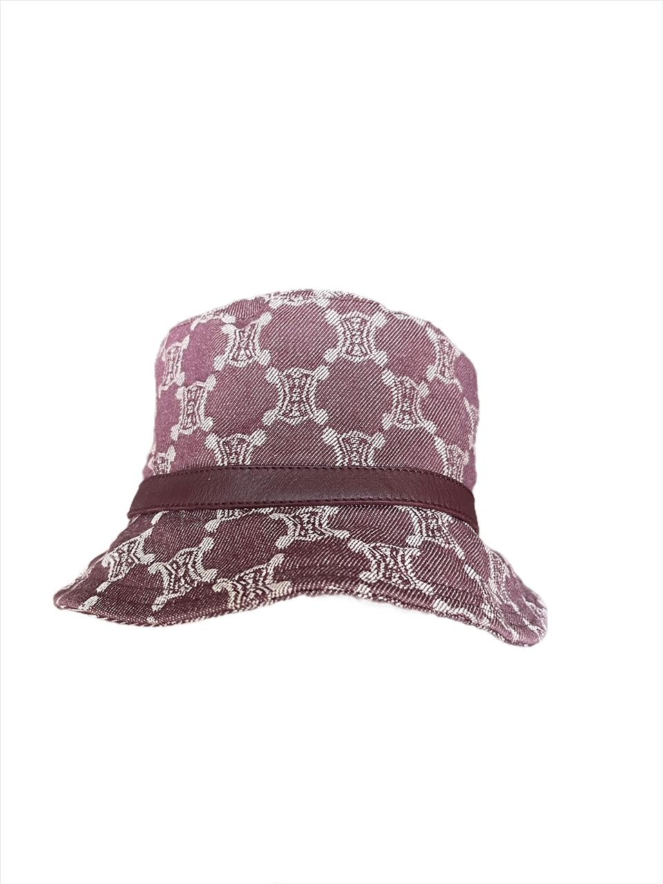 CELINE, Made in Italy, 00's.
Eggplant color denim bucket hat with Triomphe logo all-over with leather trimming. 
Size S. Diameter 52cm / 20 inches