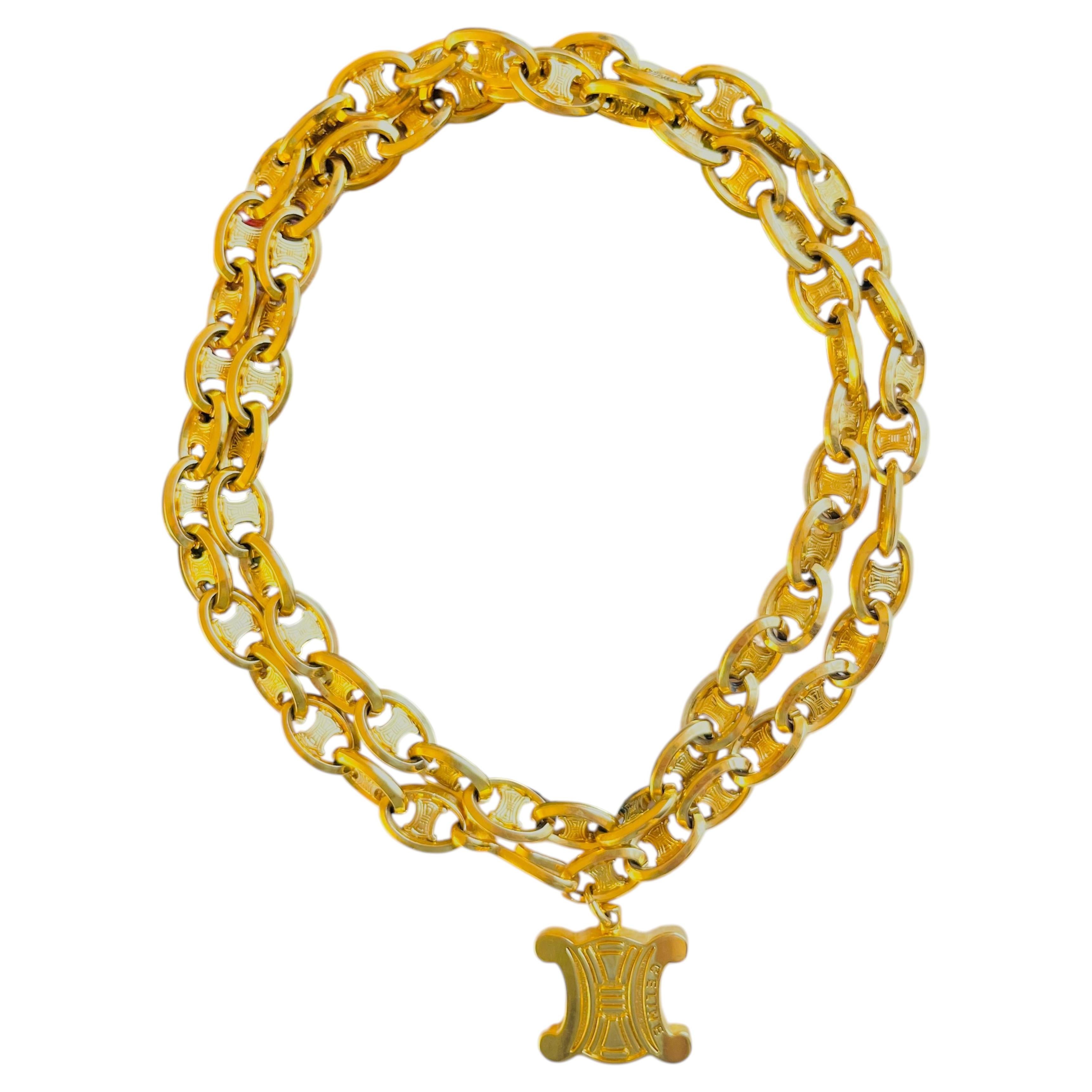 Celine Vintage Gold Logo Iconic Triumph Pendant Chain Interlocked