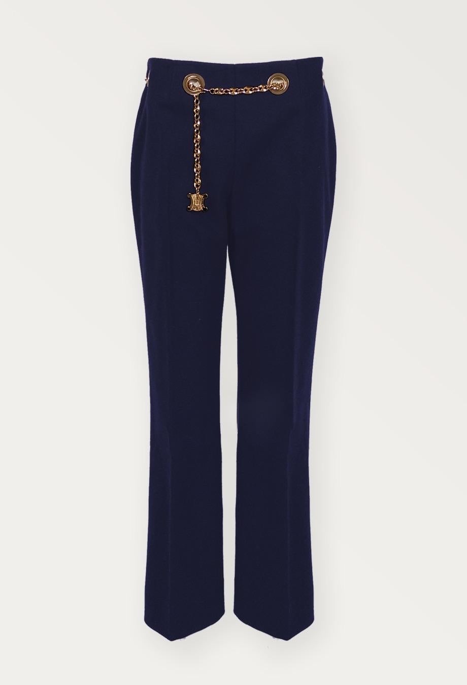 Black Celine Vintage Triumph Logo Chain Belt Trousers in Navy For Sale