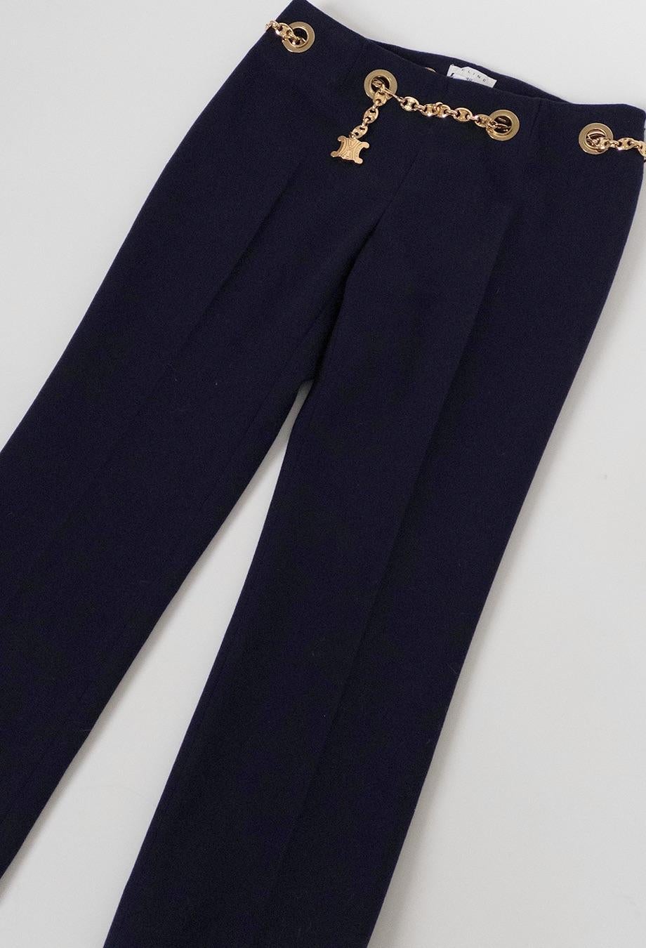 Celine Vintage Triumph Logo Chain Belt Trousers in Navy In Fair Condition For Sale In Melbourne, VIC