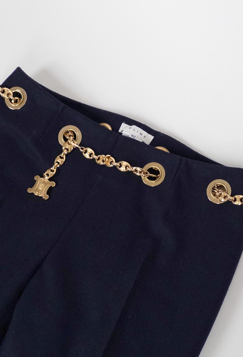 Women's Celine Vintage Triumph Logo Chain Belt Trousers in Navy For Sale