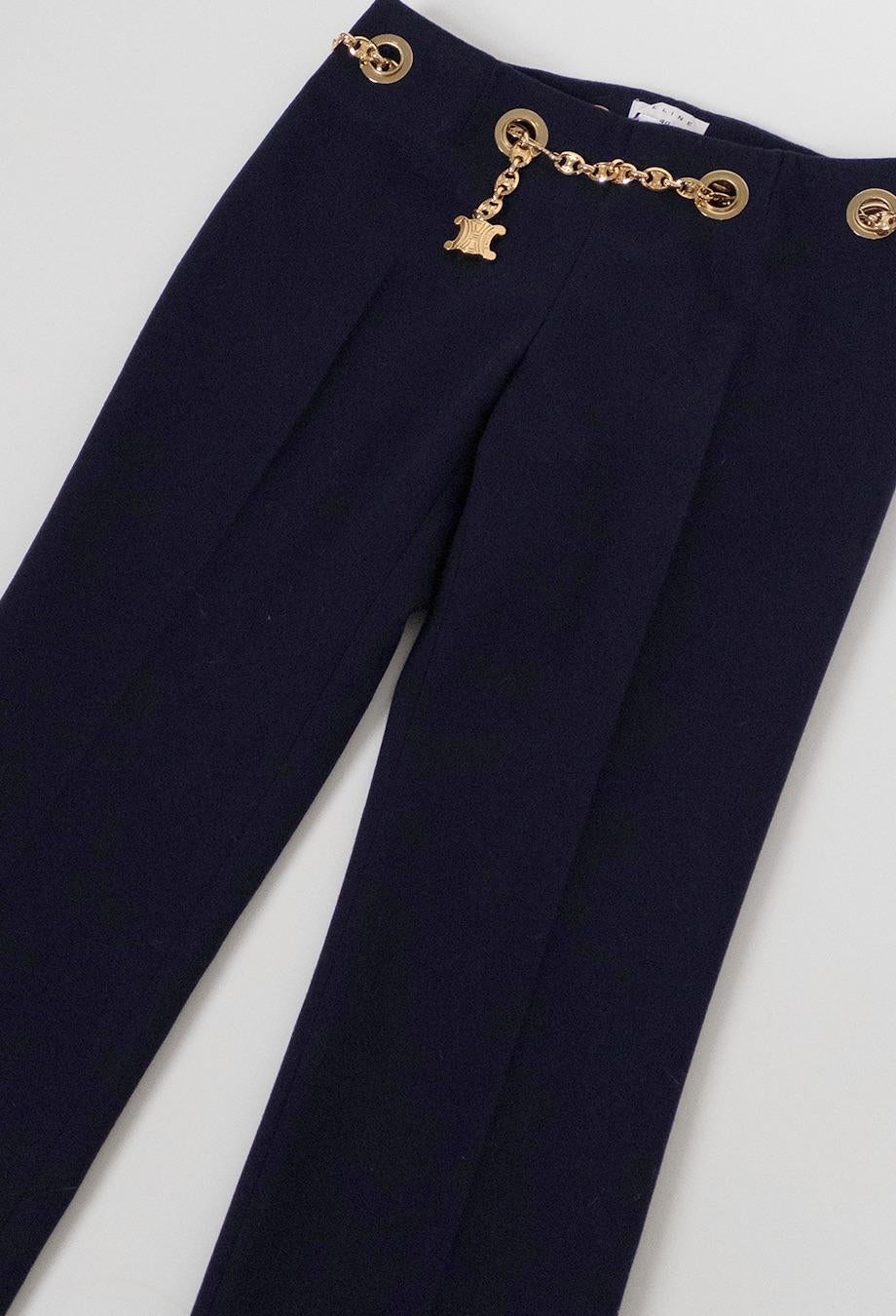 Celine Vintage Triumph Logo Chain Belt Trousers in Navy For Sale 1