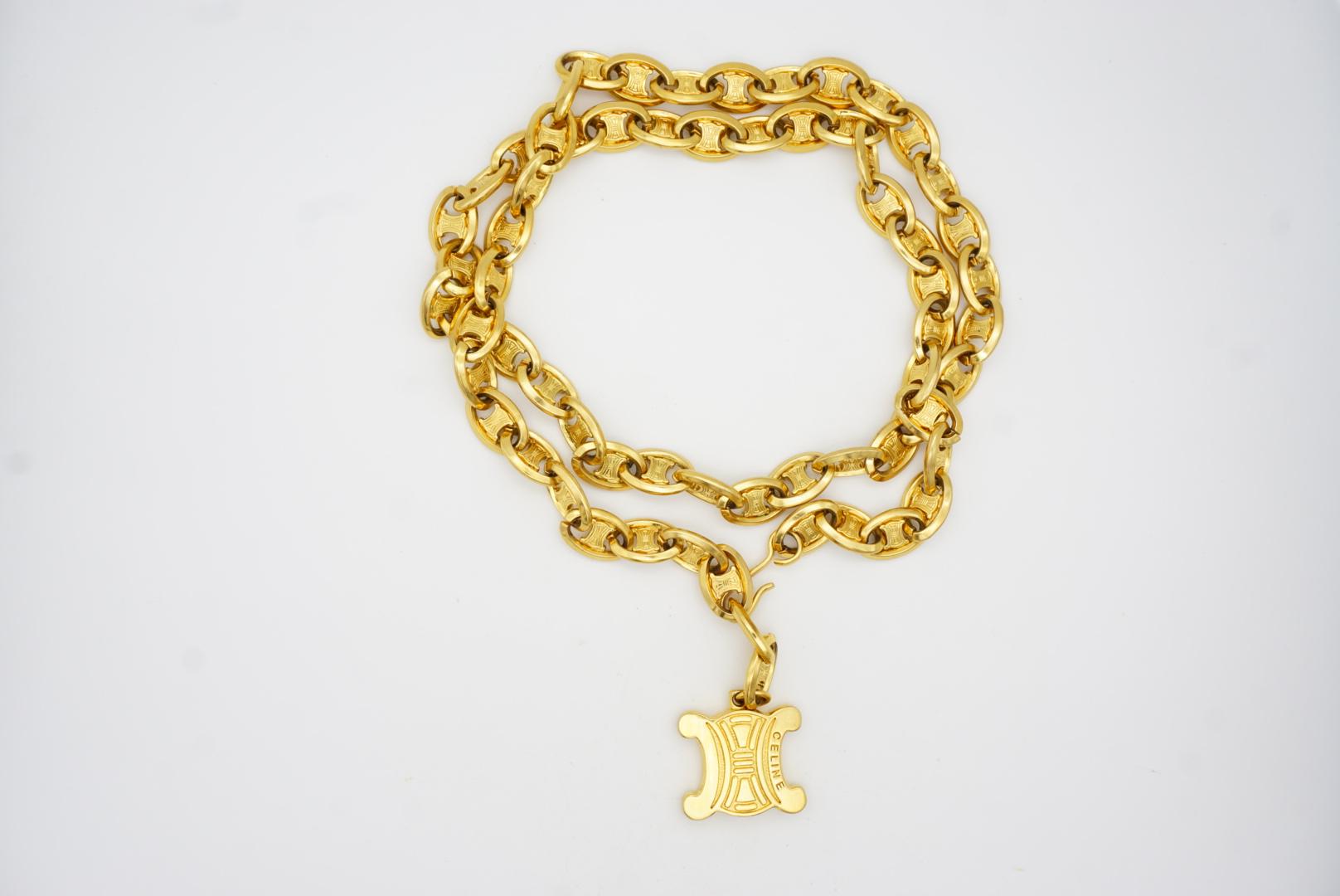 Celine Vintage Unisex Triumph Pendant Iconic Logo Chain Interlock Belt Necklace 9
