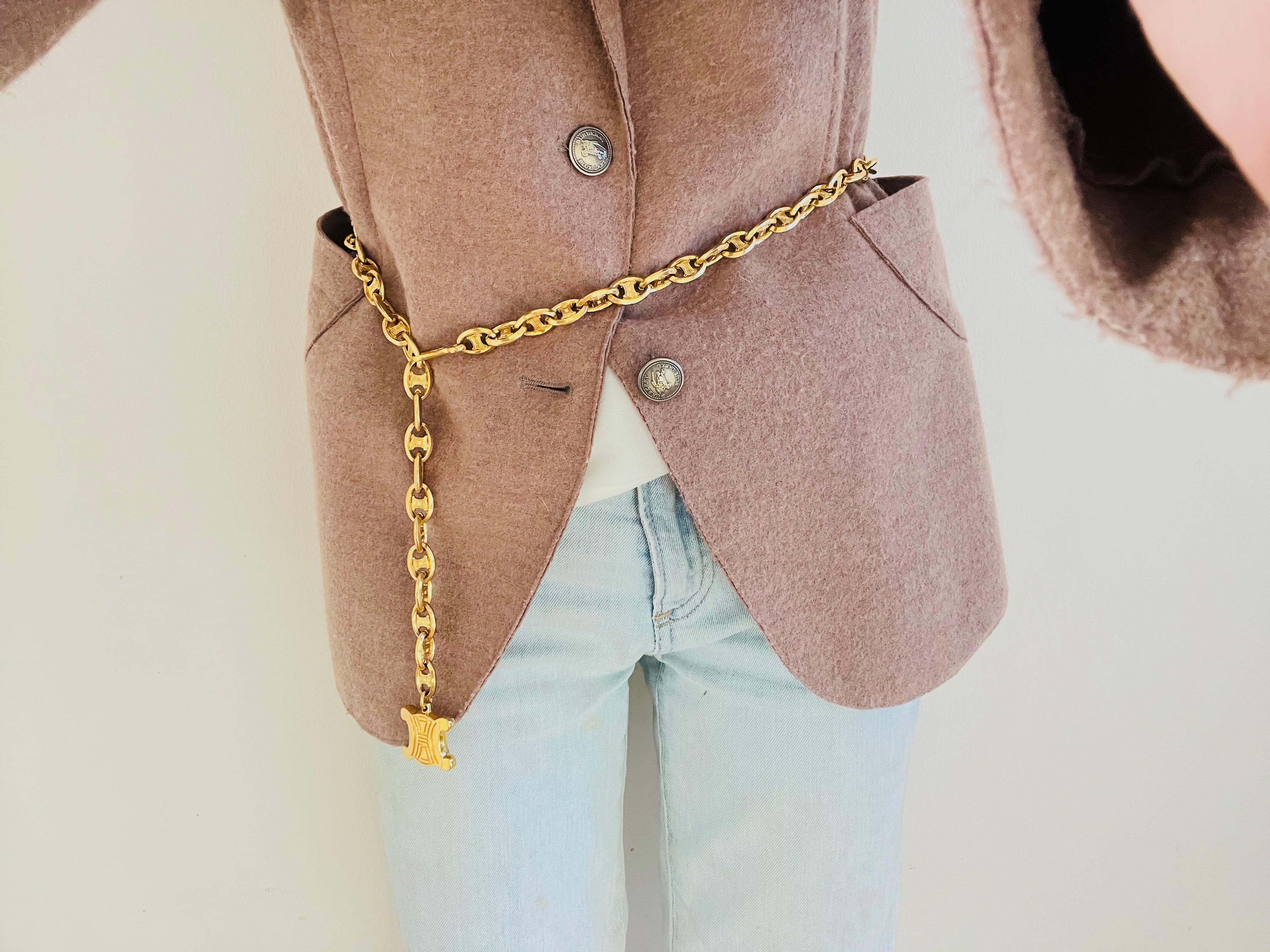 Celine Vintage Unisex Triumph Pendant Iconic Logo Chain Interlock Belt Necklace 2