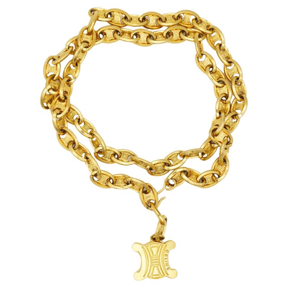 Celine Vintage Unisex Triumph Pendant Iconic Logo Chain Interlock Belt Necklace For Sale
