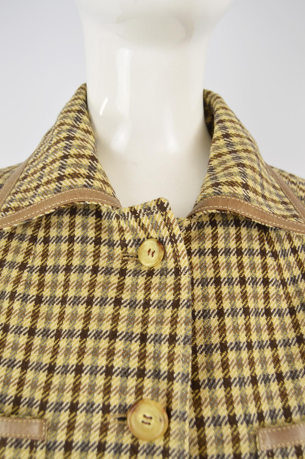 Brown Celine Vintage Women's Wool & Leather Checked Wool Jacket, c. 1970s