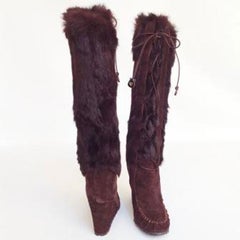 CELINE Wedge Boots in Brown Suede and Fur Size 36
