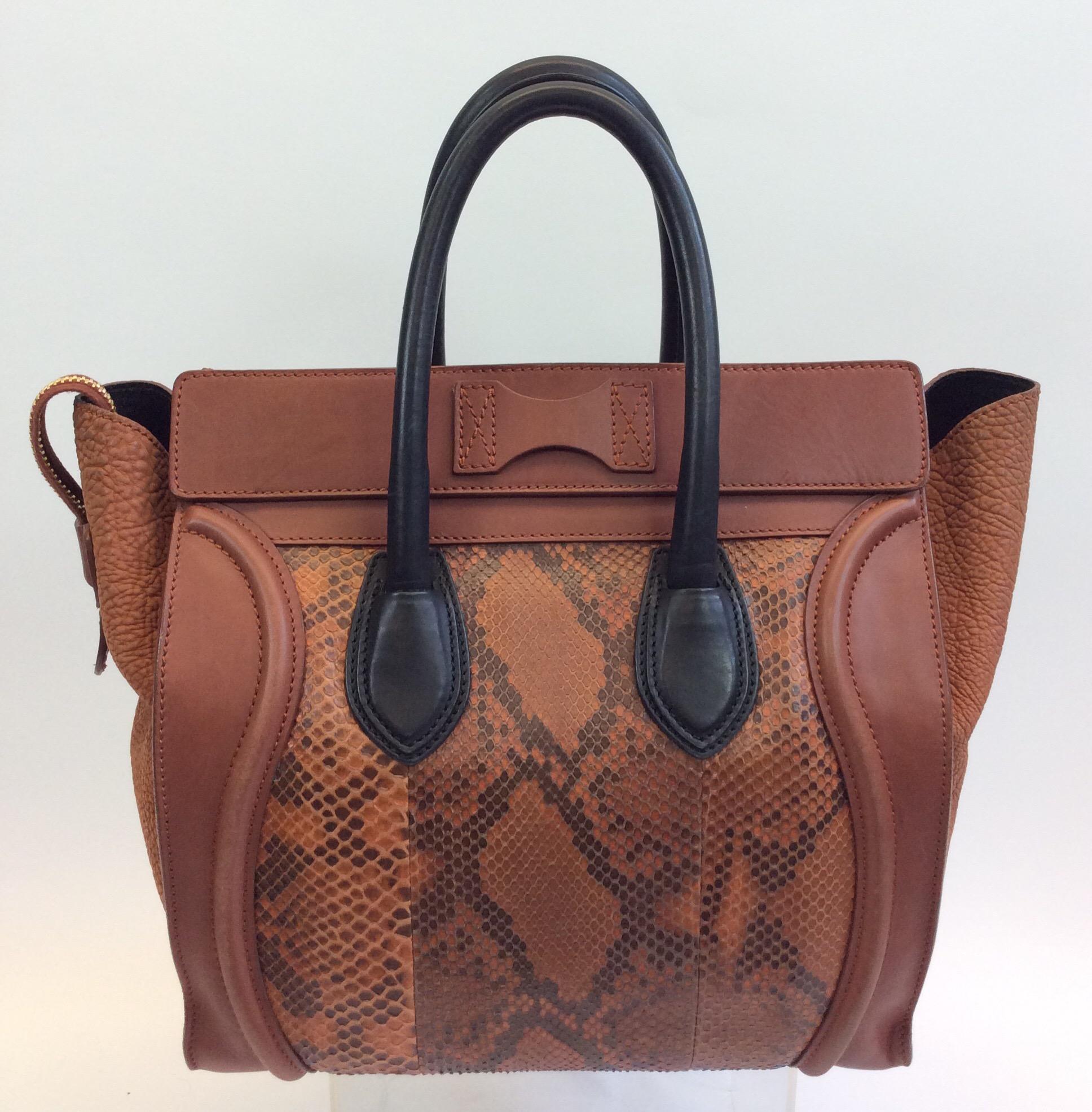 Brown Celine Whiskey Colorblock Snakeskin Handbag For Sale