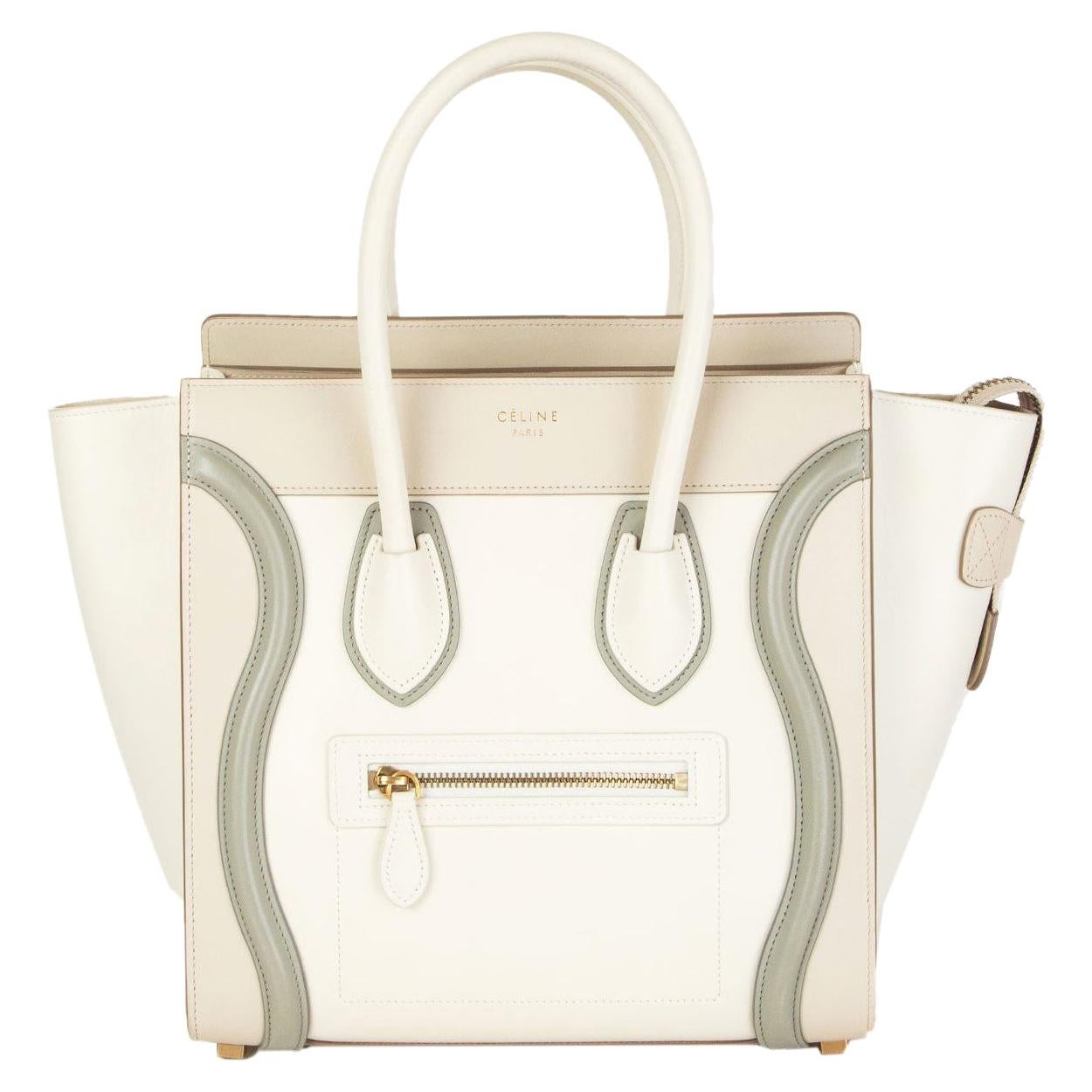 CELINE white beige green leather TRI COLOR MICRO LUGGAGE TOTE Bag