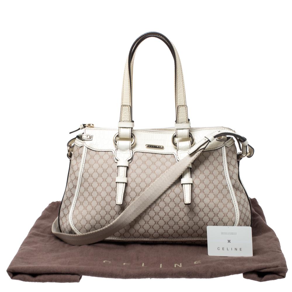 Celine White/Beige Macadam Canvas and Croc Embossed Leather Shoulder Bag 6