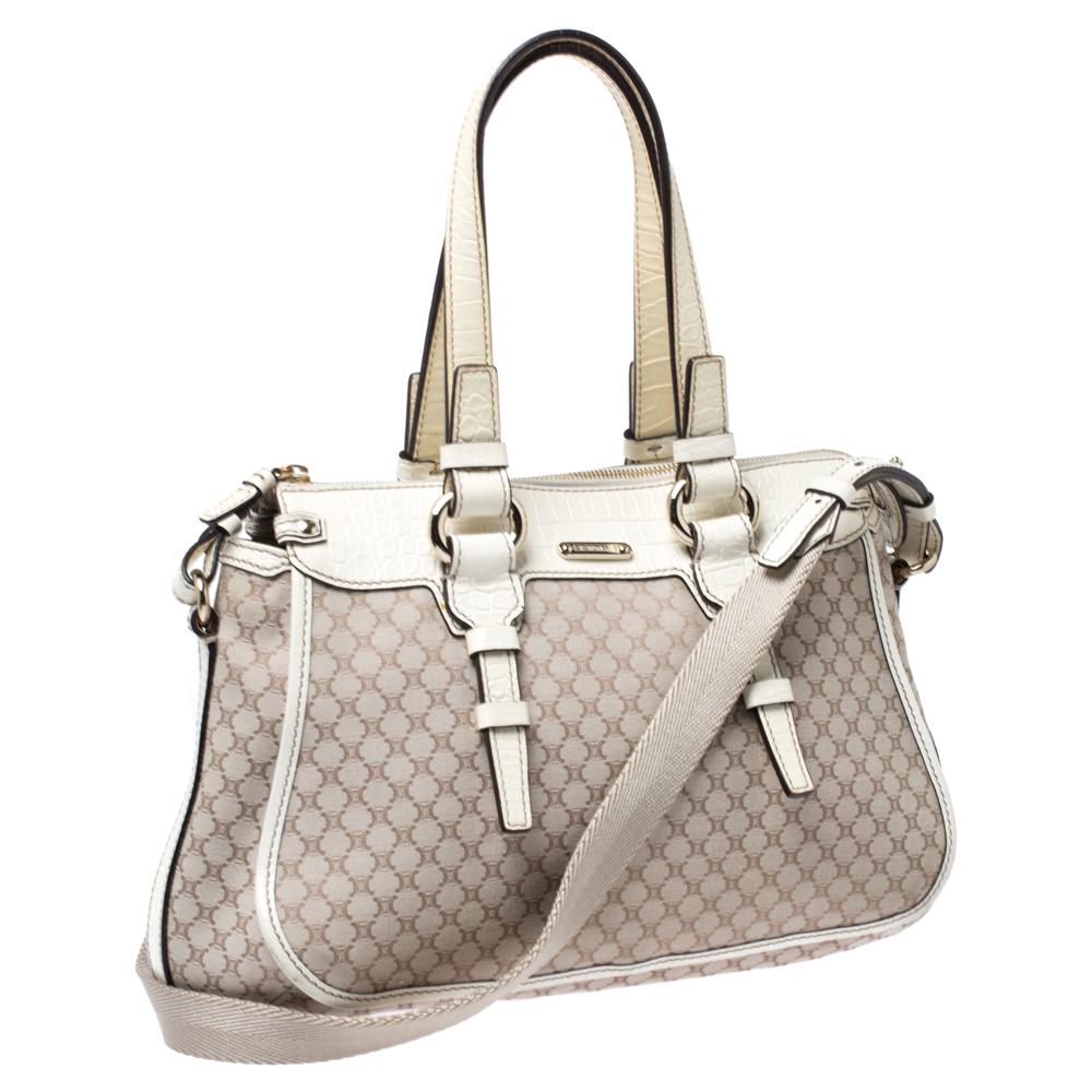 Celine White/Beige Macadam Canvas and Croc Embossed Leather Shoulder Bag In Good Condition In Dubai, Al Qouz 2