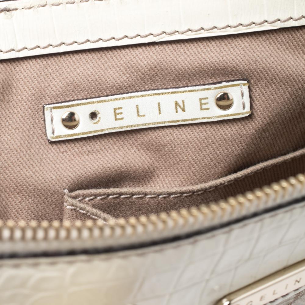 Celine White/Beige Macadam Canvas and Croc Embossed Leather Shoulder Bag 1
