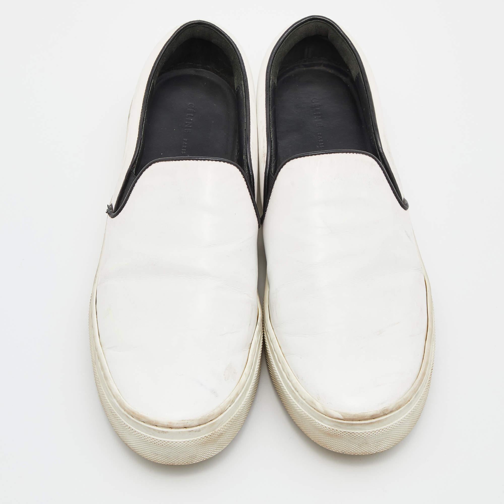Beige Celine White/Black Leather Slip On Sneakers Size 37 For Sale