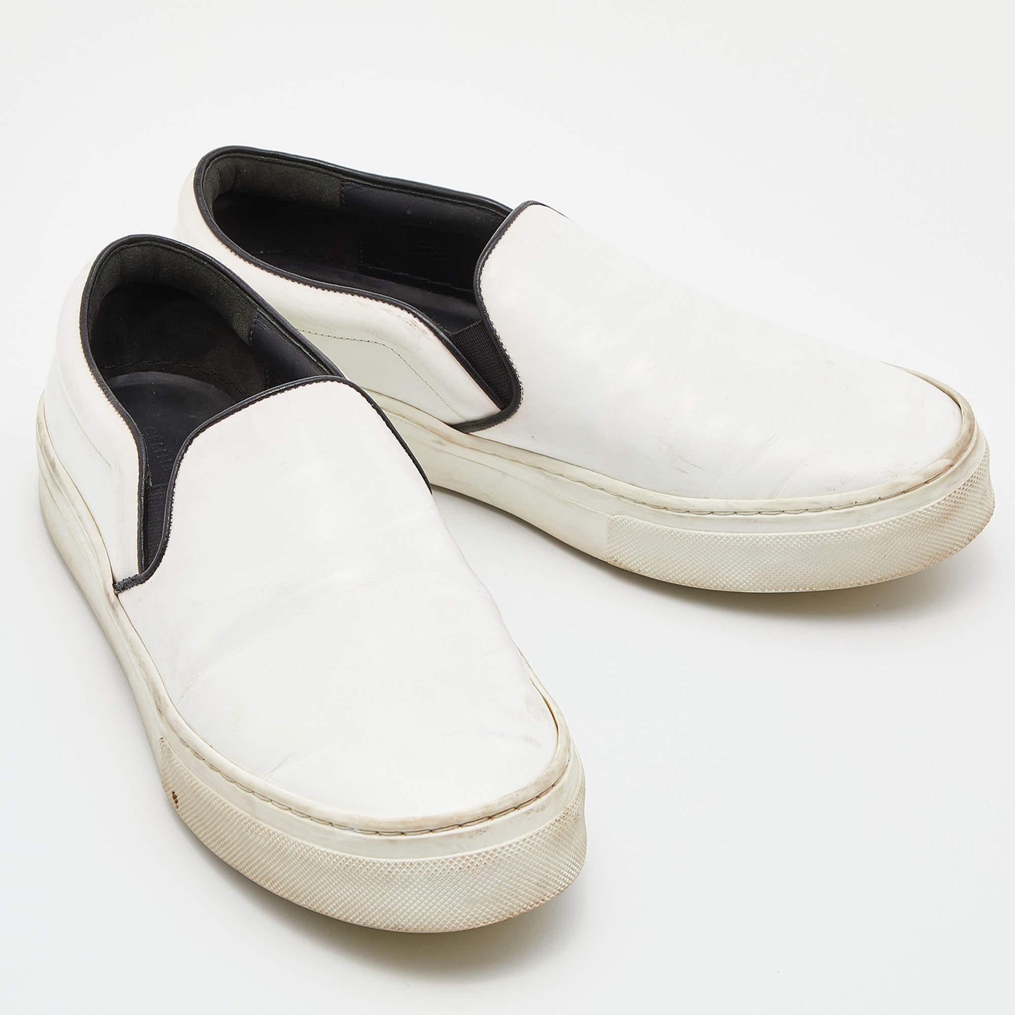 Celine White/Black Leather Slip On Sneakers Size 37 In Fair Condition For Sale In Dubai, Al Qouz 2