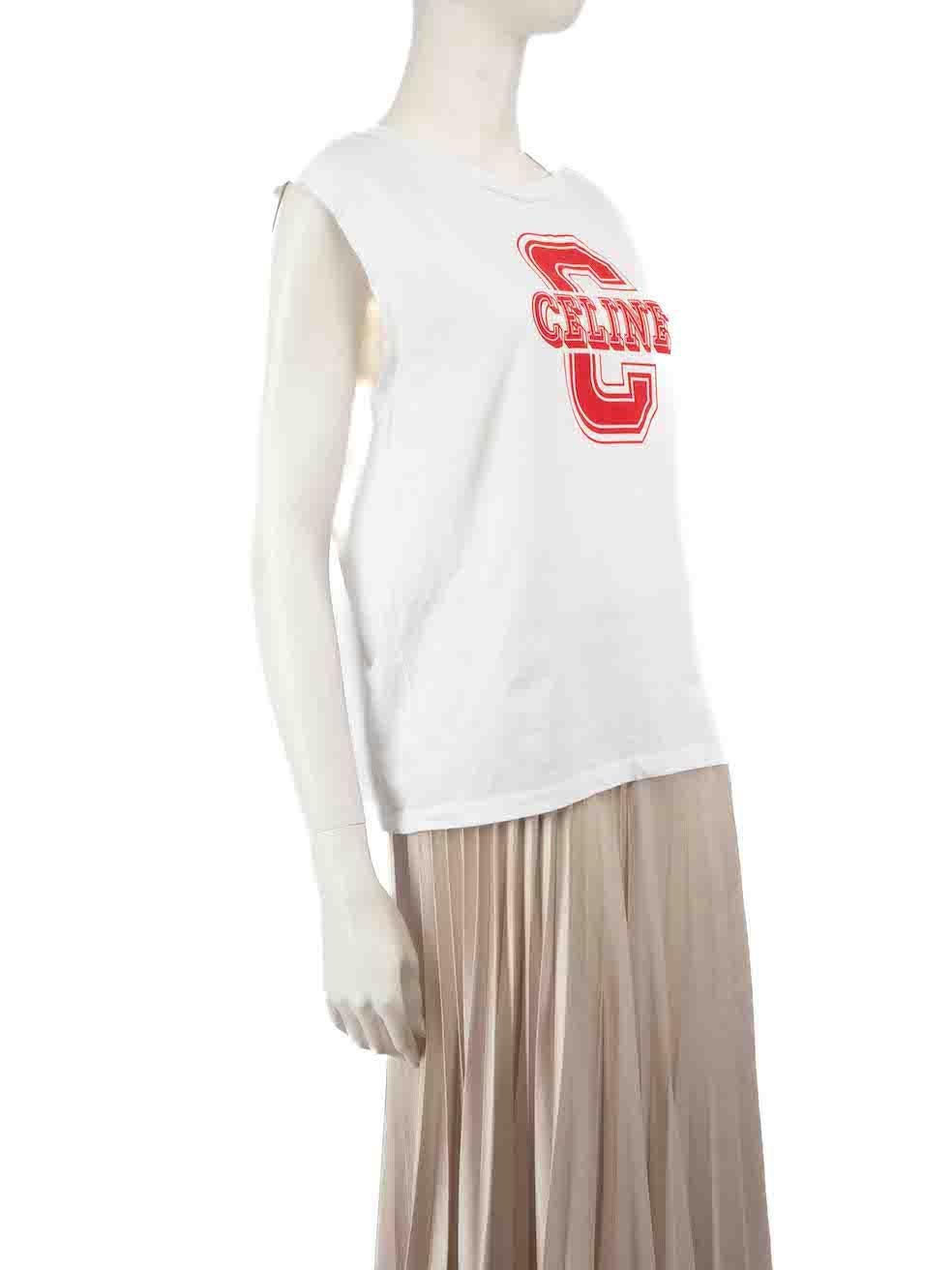 CONDITION is Good. Minor wear to top is evident. Light wear to the front with a small hole and both underarms have slight discolouration on this used Céline designer resale item.
 
 
 
 Details
 
 
 White
 
 Cotton
 
 Sleeveless top
 
 C Logo print