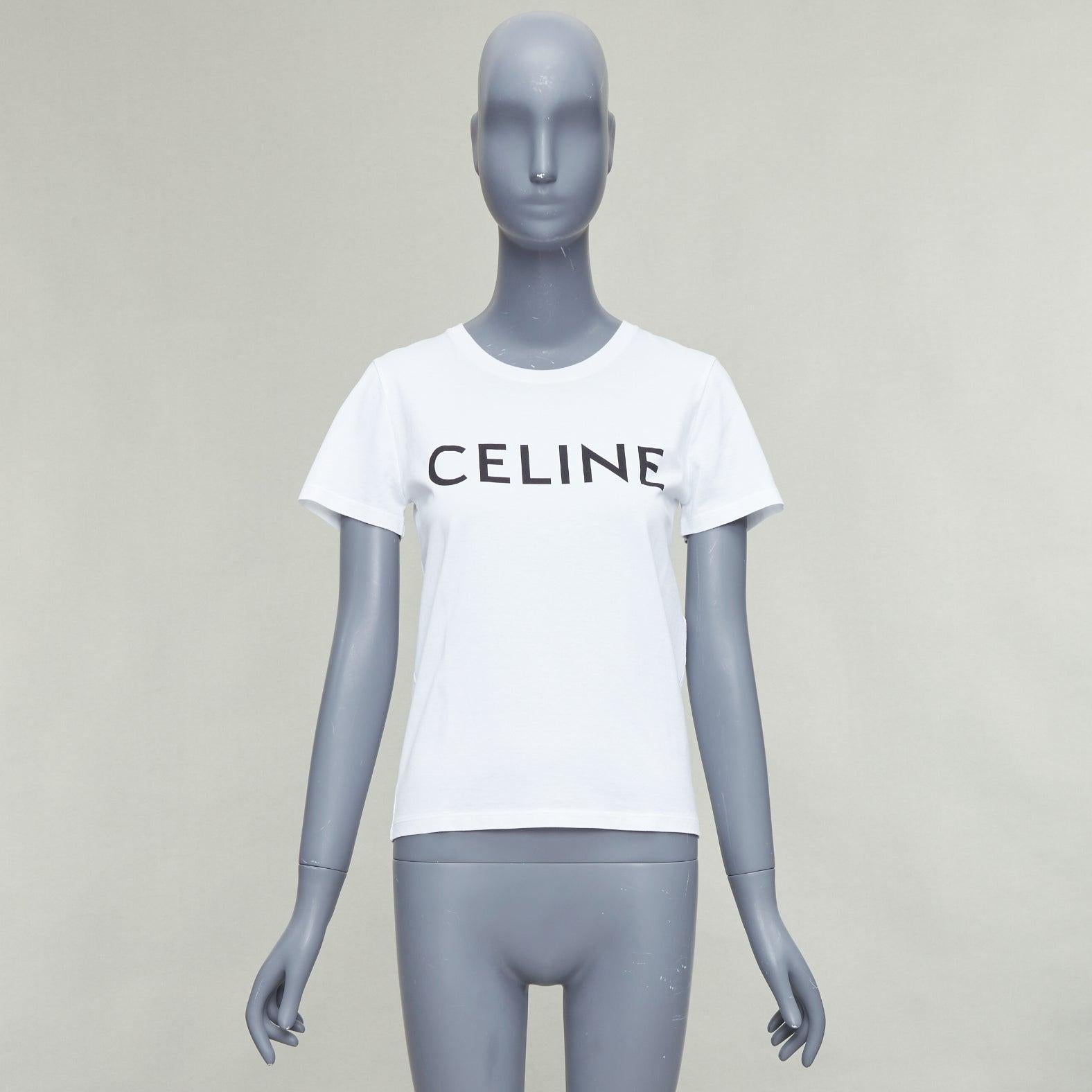 CELINE cotone bianco nero grande logo girocollo tshirt aderente XS in vendita 4