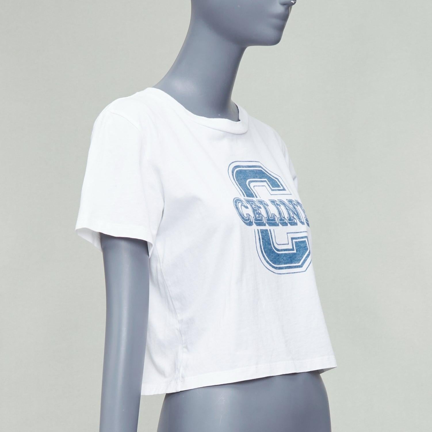 CELINE white cotton blue big C logo varsity cropped tshirt S In Excellent Condition In Hong Kong, NT