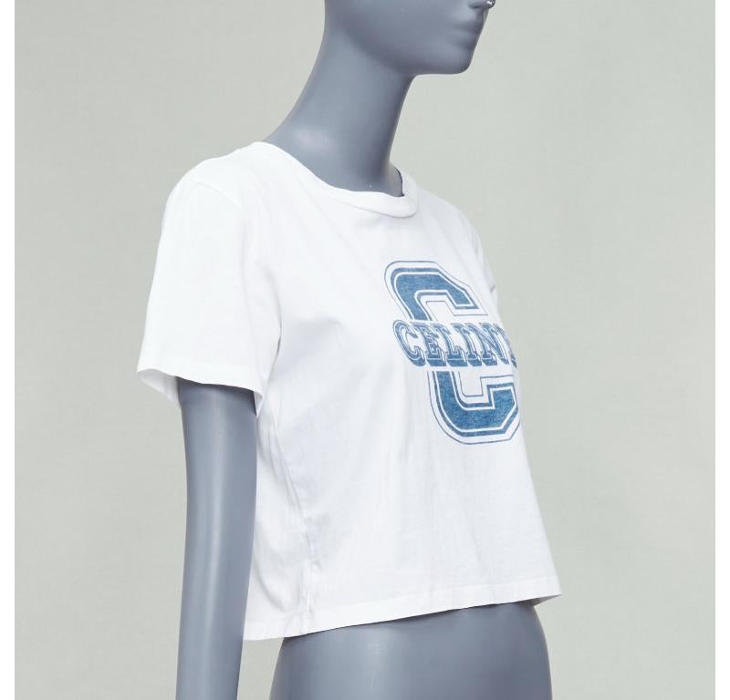 Gray CELINE white cotton blue big C logo varsity cropped tshirt S For Sale