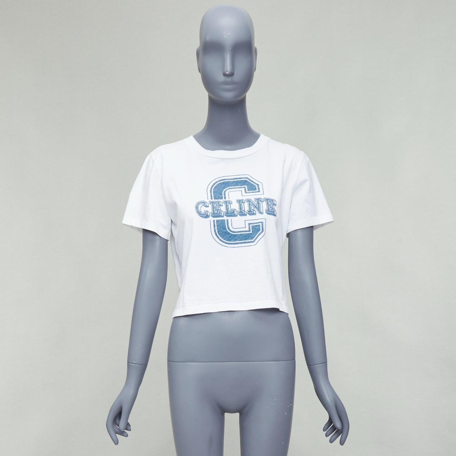 CELINE white cotton blue big C logo varsity cropped tshirt S 5
