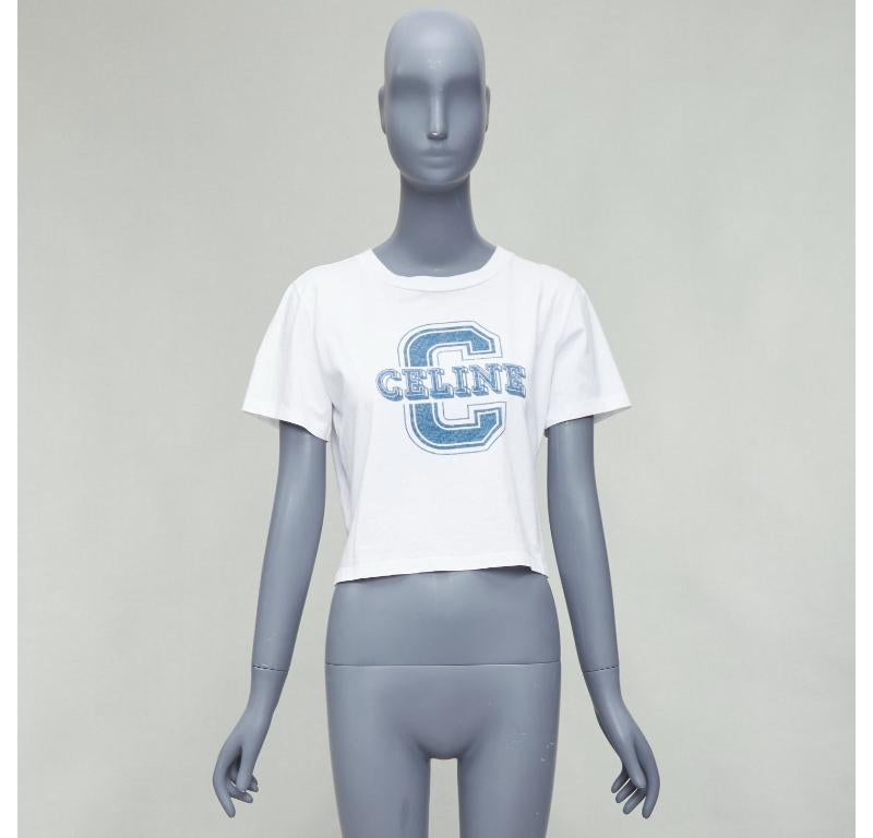 CELINE white cotton blue big C logo varsity cropped tshirt S For Sale 4