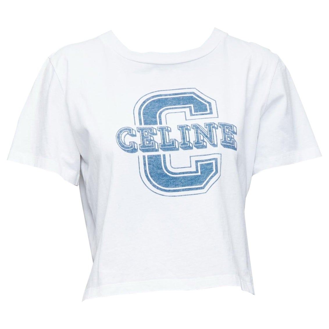 CELINE white cotton blue big C logo varsity cropped tshirt S