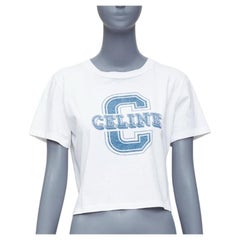 CELINE white cotton blue big C logo varsity cropped tshirt S