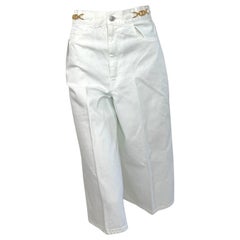 Celine White Cotton Denim Culotte Shorts with Gold Hardware Waist Detail Size 28