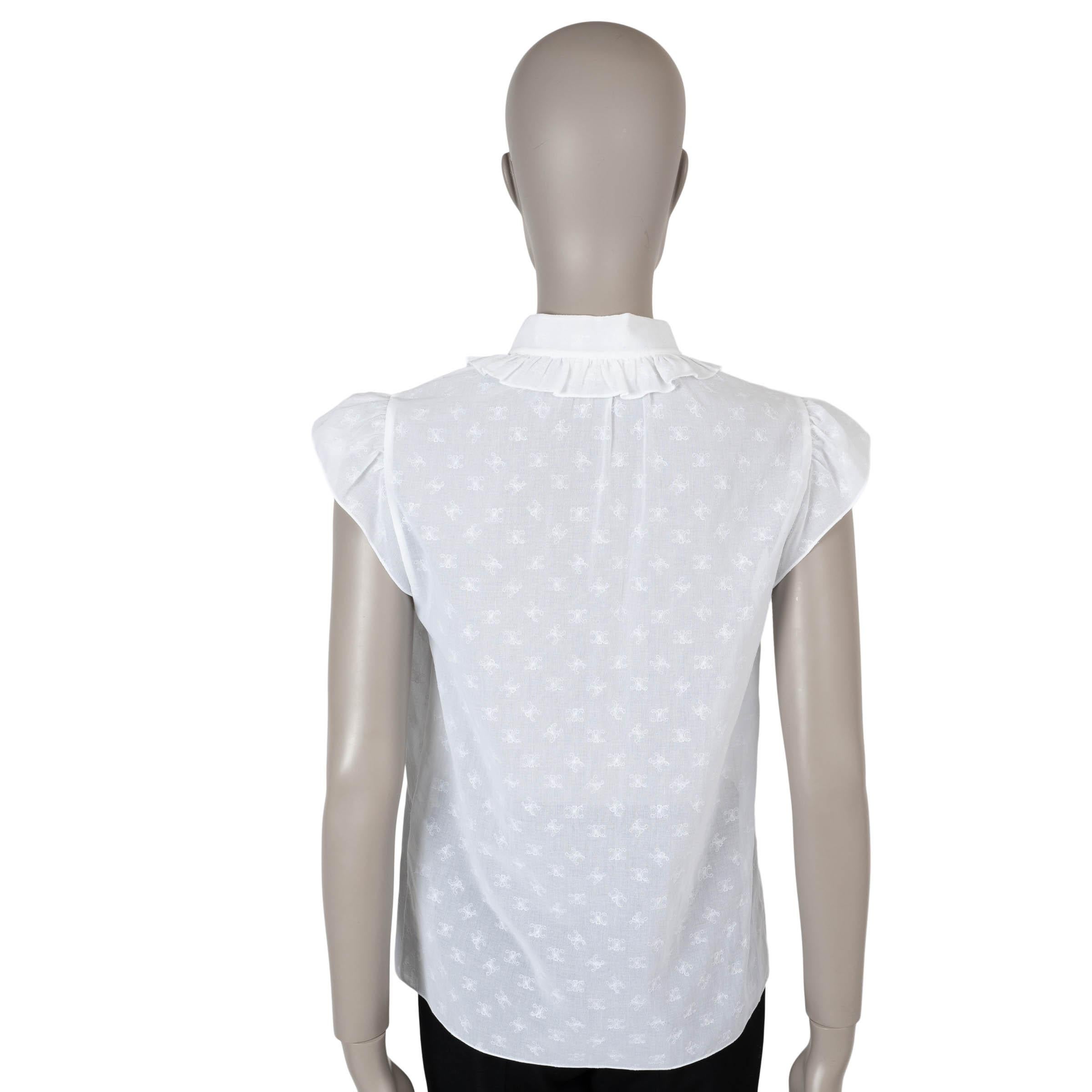 Gray CELINE white cotton TRIOMPHE EMBROIDERED VOILE Blouse Shirt 38 S For Sale