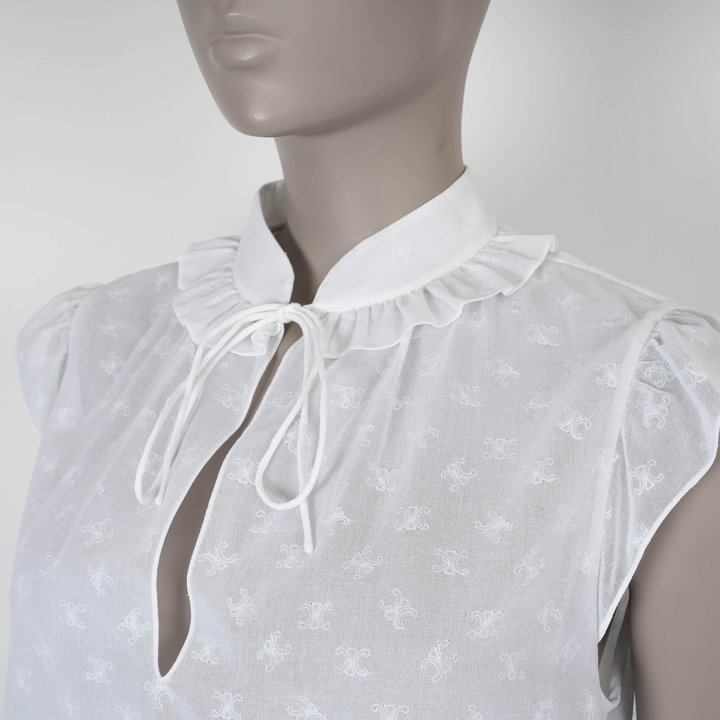 Women's CELINE white cotton TRIOMPHE EMBROIDERED VOILE Blouse Shirt 38 S For Sale