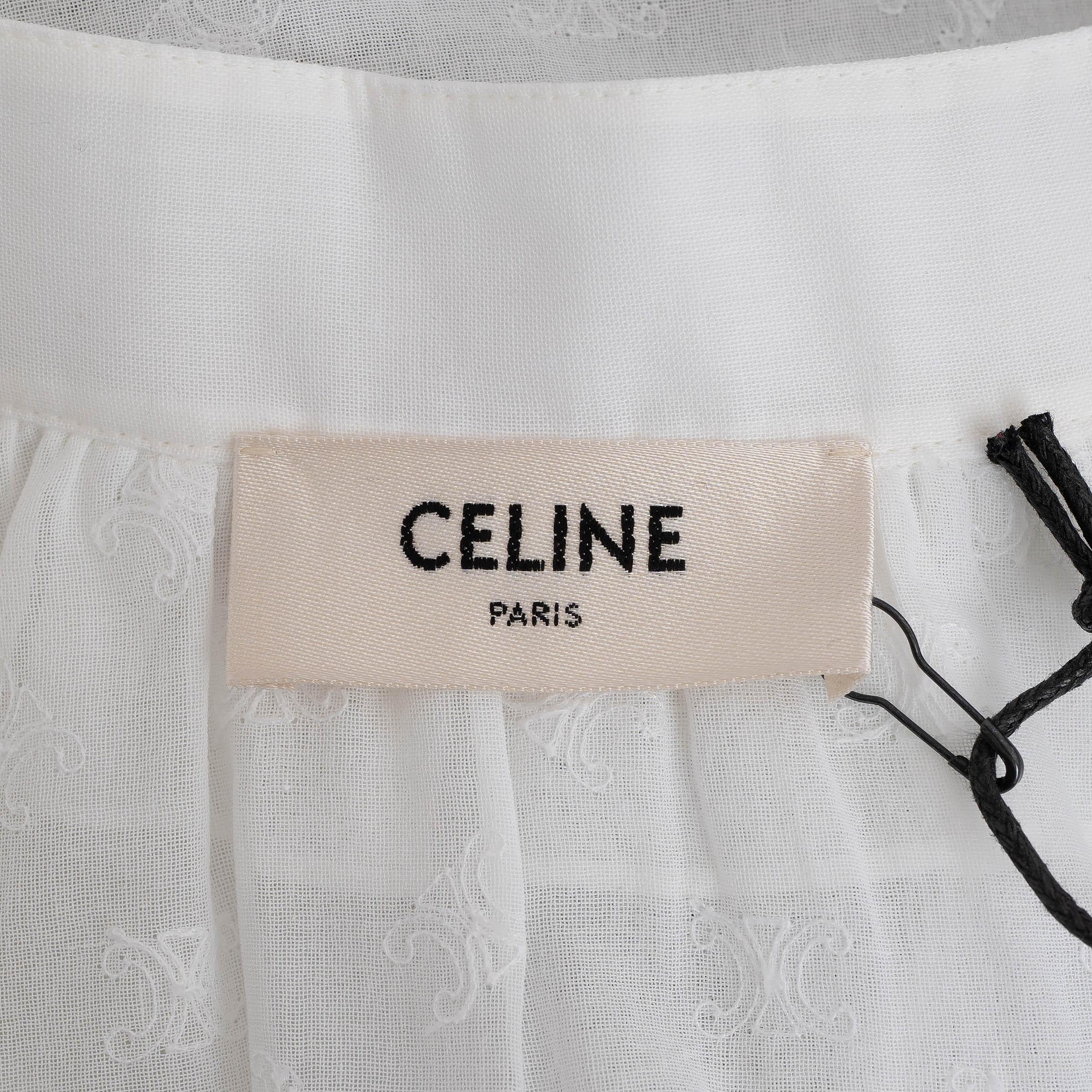 CELINE white cotton TRIOMPHE EMBROIDERED VOILE Blouse Shirt 38 S For Sale 1